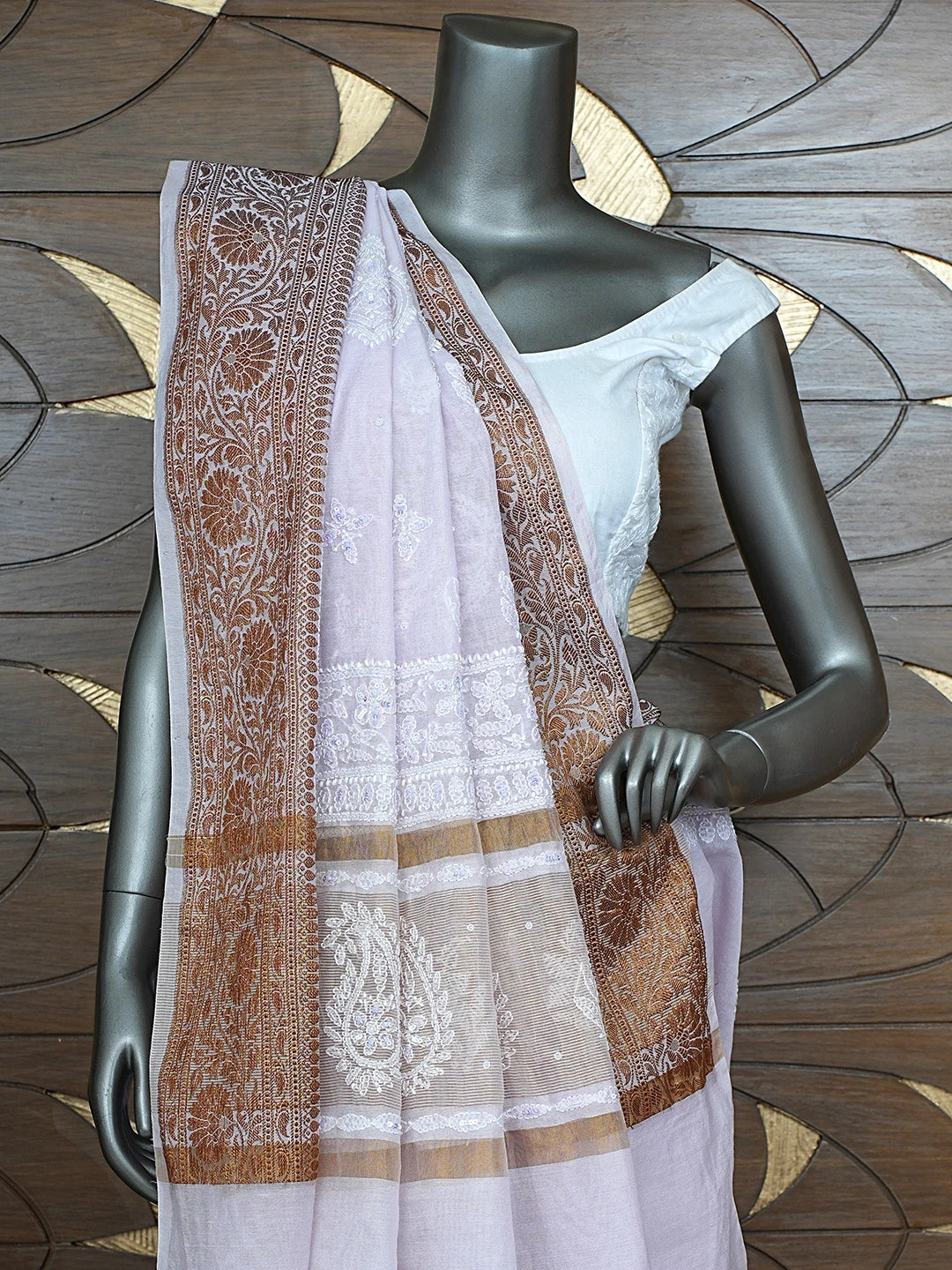 Ada Hand Embroidered Thistle Purple Chanderi Lucknowi Chikankari Saree and Blouse With Cutdana Work 01A780655
