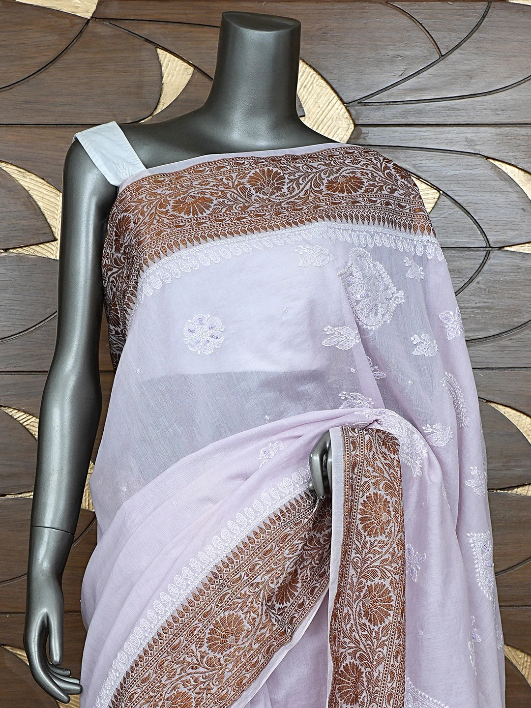Ada Hand Embroidered Thistle Purple Chanderi Lucknowi Chikankari Saree and Blouse With Cutdana Work 01A780655