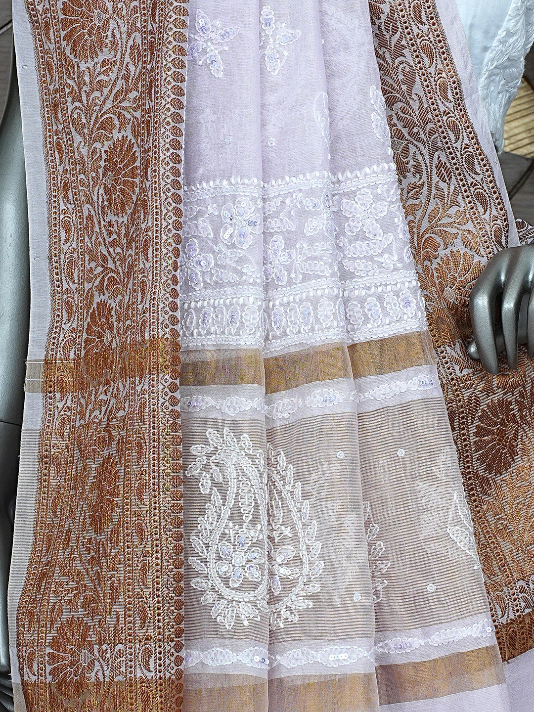 Ada Hand Embroidered Thistle Purple Chanderi Lucknowi Chikankari Saree and Blouse With Cutdana Work 01A780655