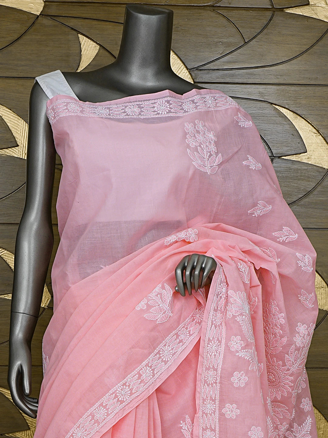 Ada Hand Embroidered Pink Cotton Lucknowi Chikankari Saree and Blouse 01A592195