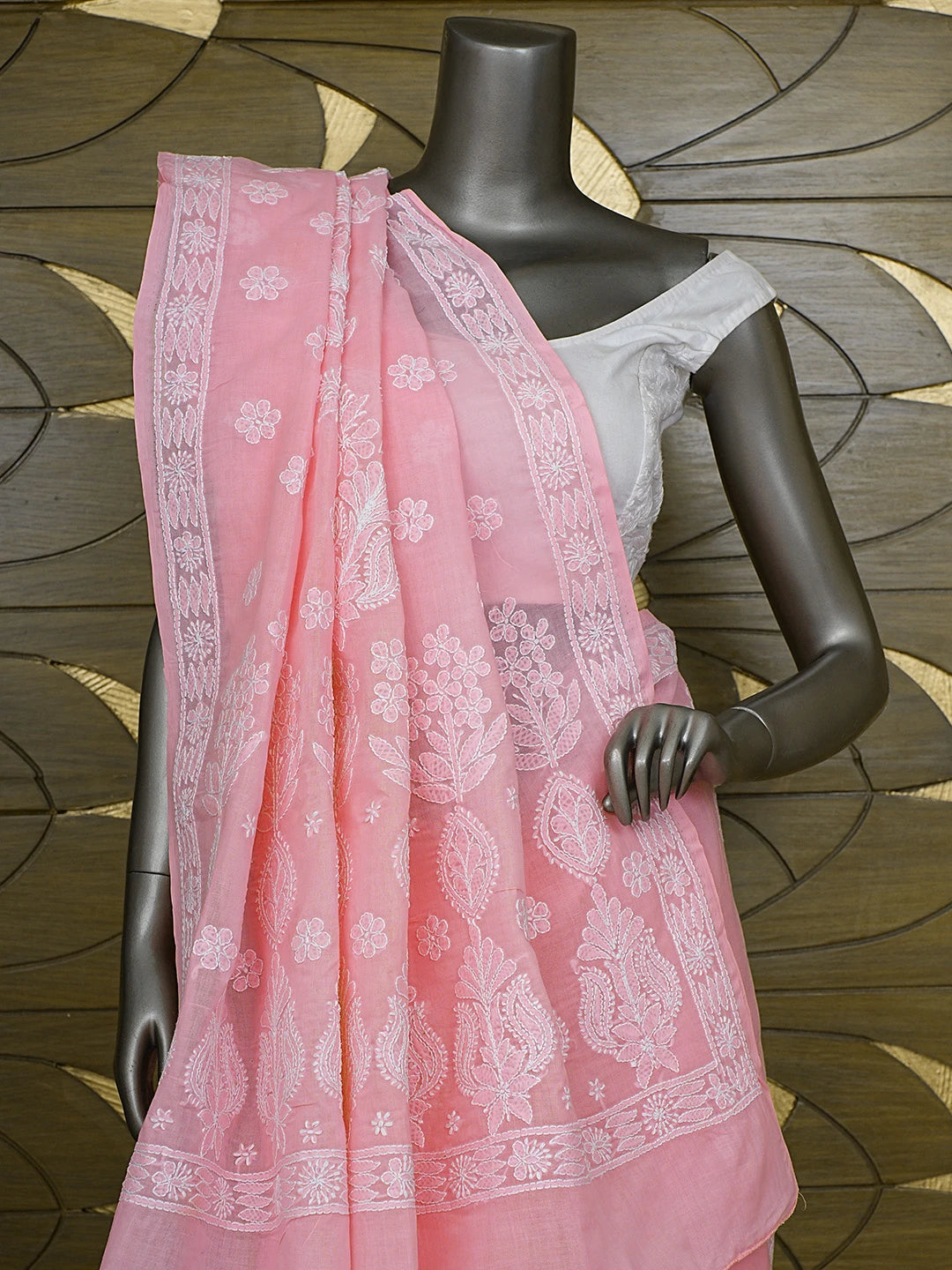 Ada Hand Embroidered Pink Cotton Lucknowi Chikankari Saree and Blouse 01A592195
