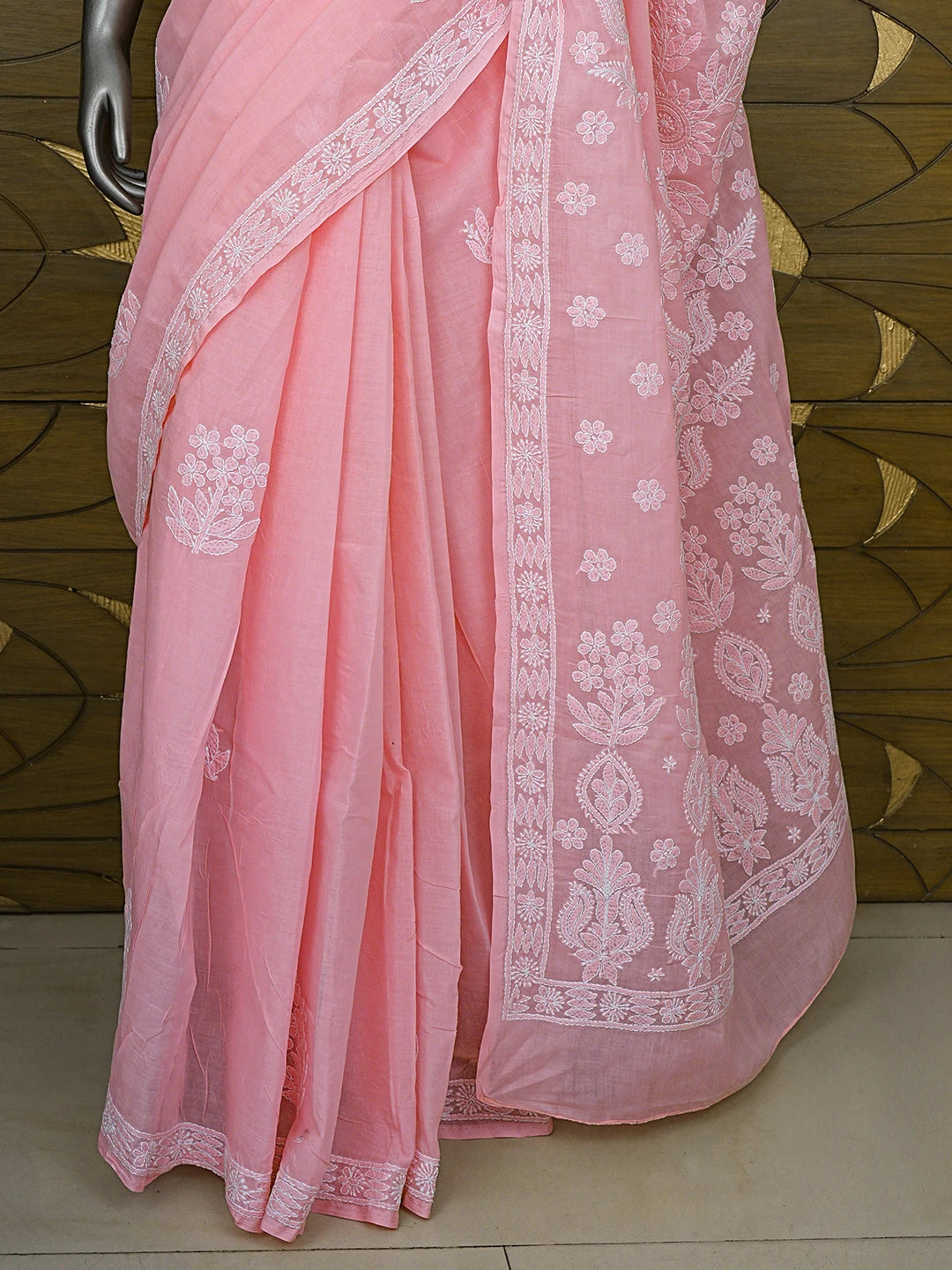 Ada Hand Embroidered Pink Cotton Lucknowi Chikankari Saree and Blouse 01A592195
