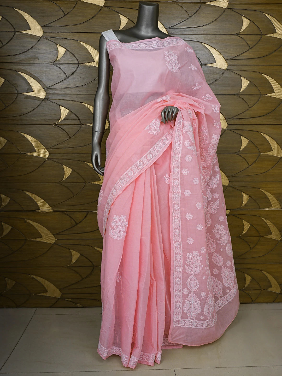 Ada Hand Embroidered Pink Cotton Lucknowi Chikankari Saree and Blouse 01A592195
