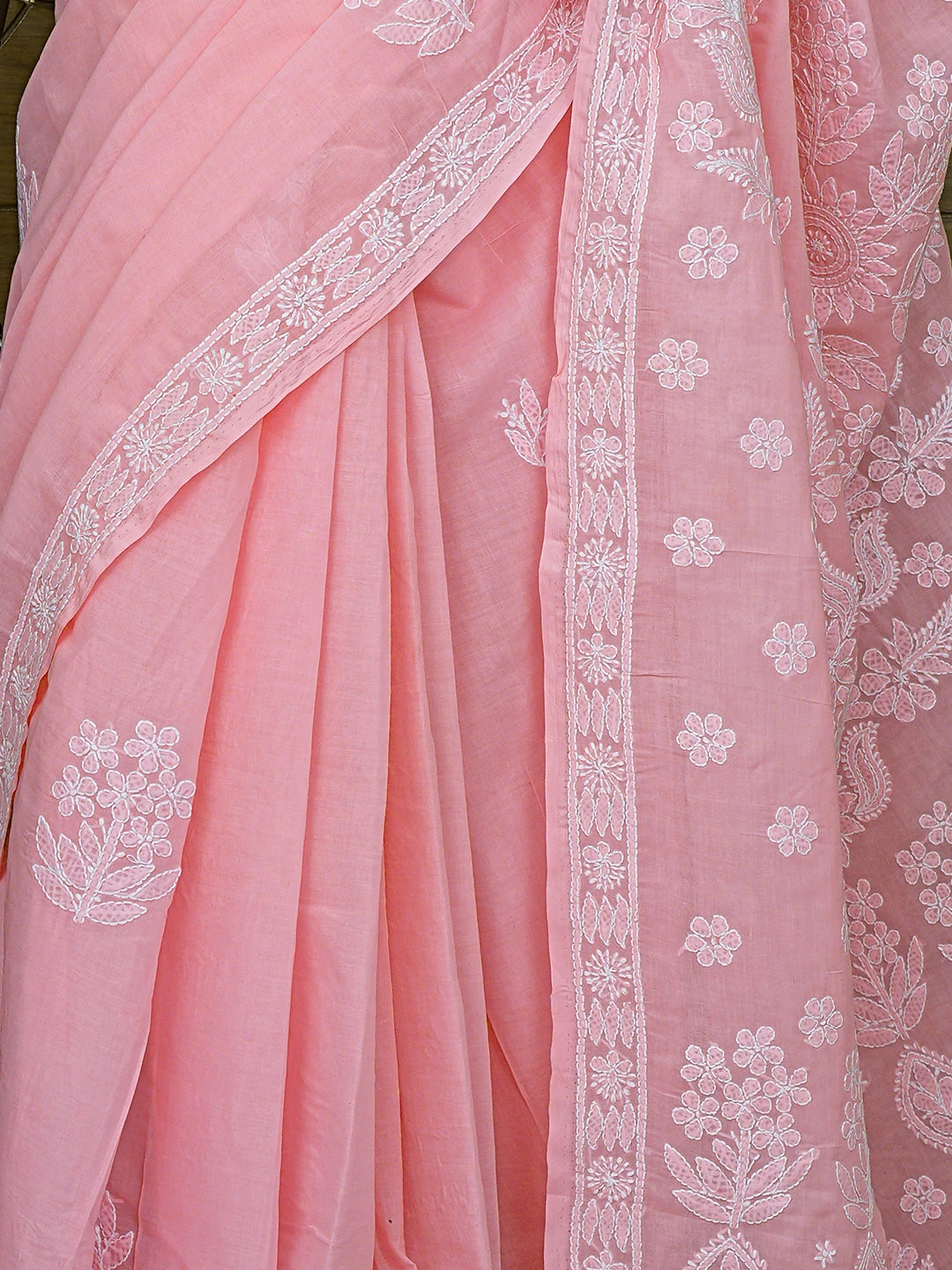 Ada Hand Embroidered Pink Cotton Lucknowi Chikankari Saree and Blouse 01A592195