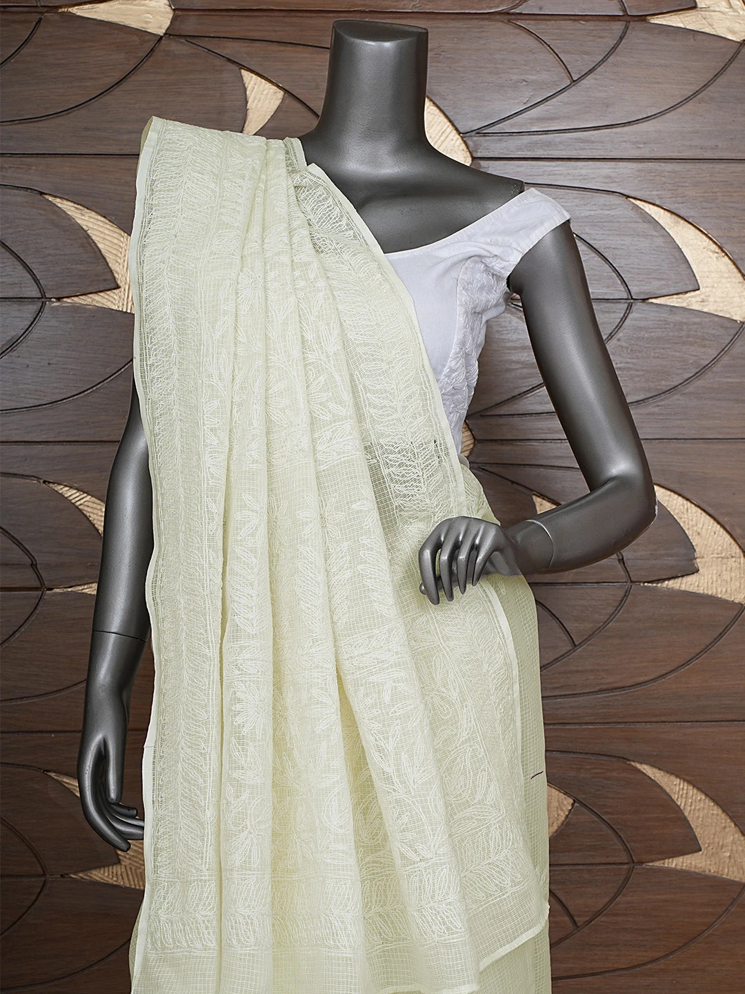 Ada Hand Embroidered Cream Kota Lucknowi Chikankari Saree and Blouse 01A754330