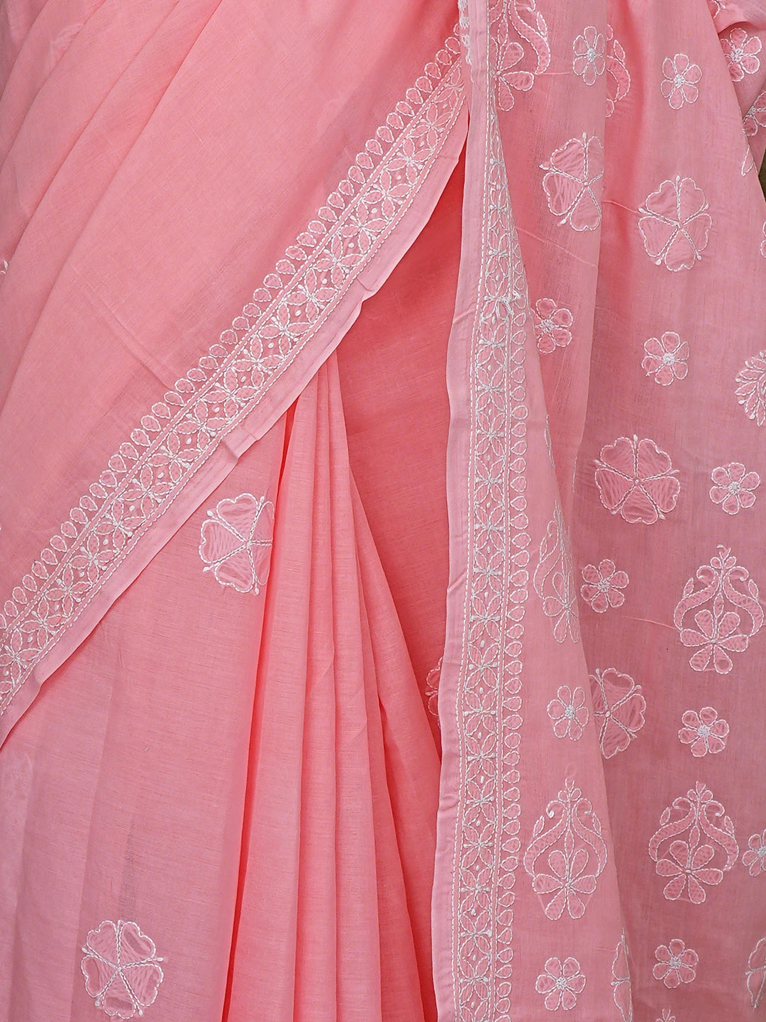 Ada Hand Embroidered Peach Cotton Lucknowi Chikankari Saree and Blouse 01A732912