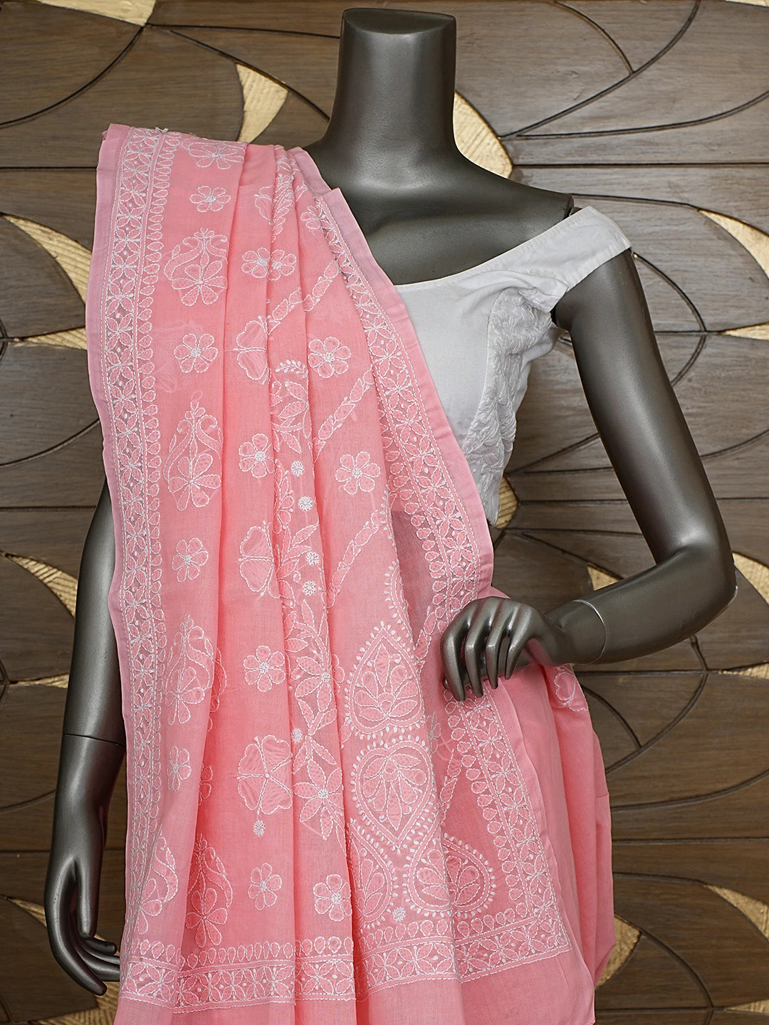 Ada Hand Embroidered Peach Cotton Lucknowi Chikankari Saree and Blouse 01A732912