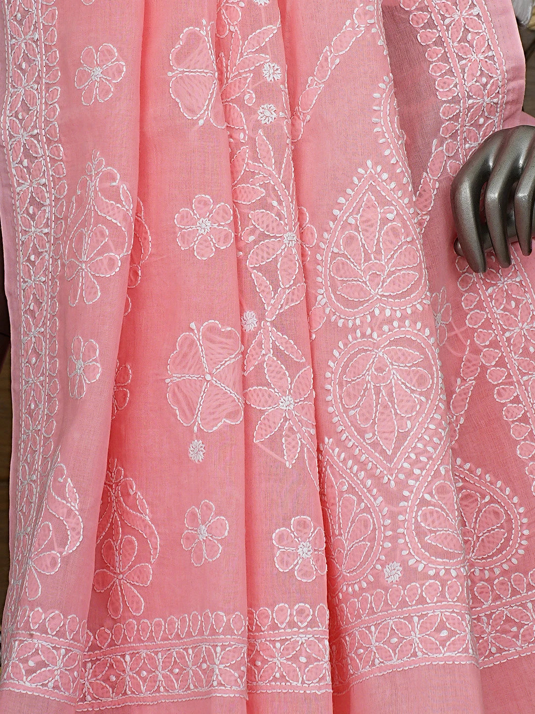 Ada Hand Embroidered Peach Cotton Lucknowi Chikankari Saree and Blouse 01A732912