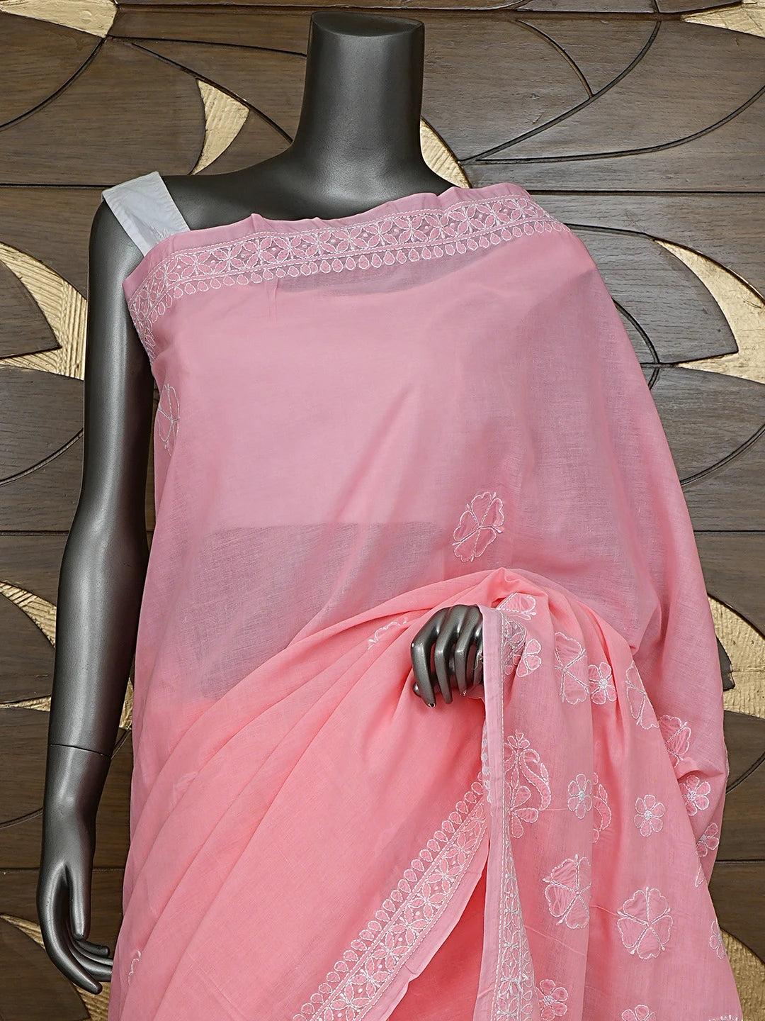 Ada Hand Embroidered Peach Cotton Lucknowi Chikankari Saree and Blouse 01A732912