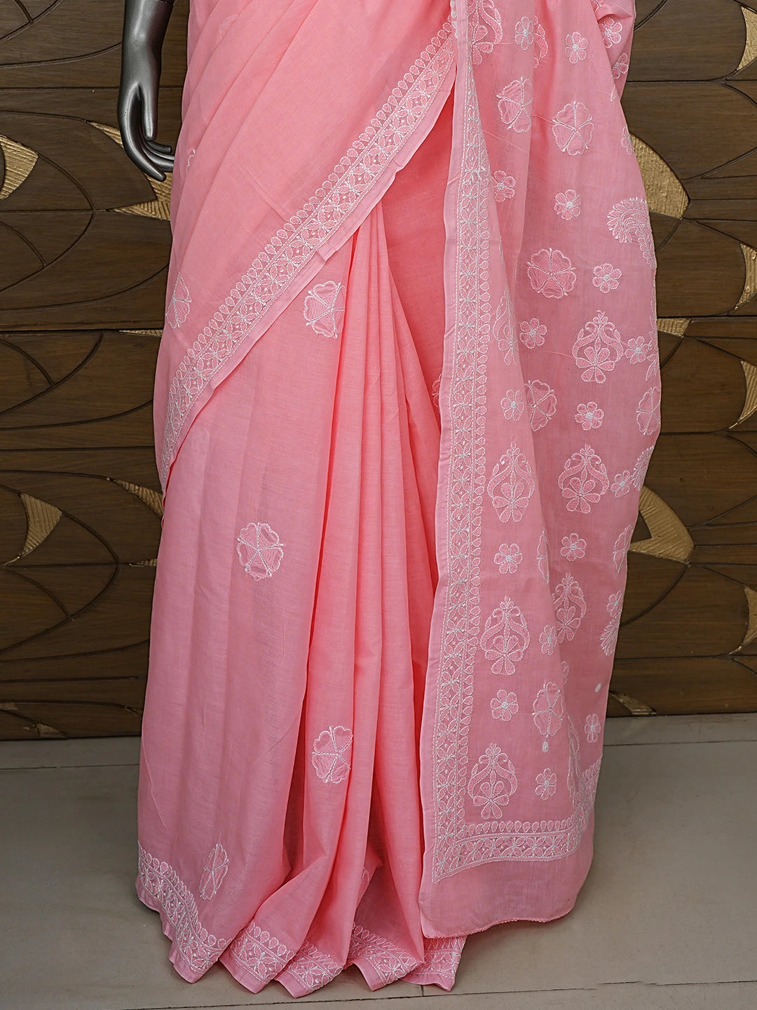 Ada Hand Embroidered Peach Cotton Lucknowi Chikankari Saree and Blouse 01A732912