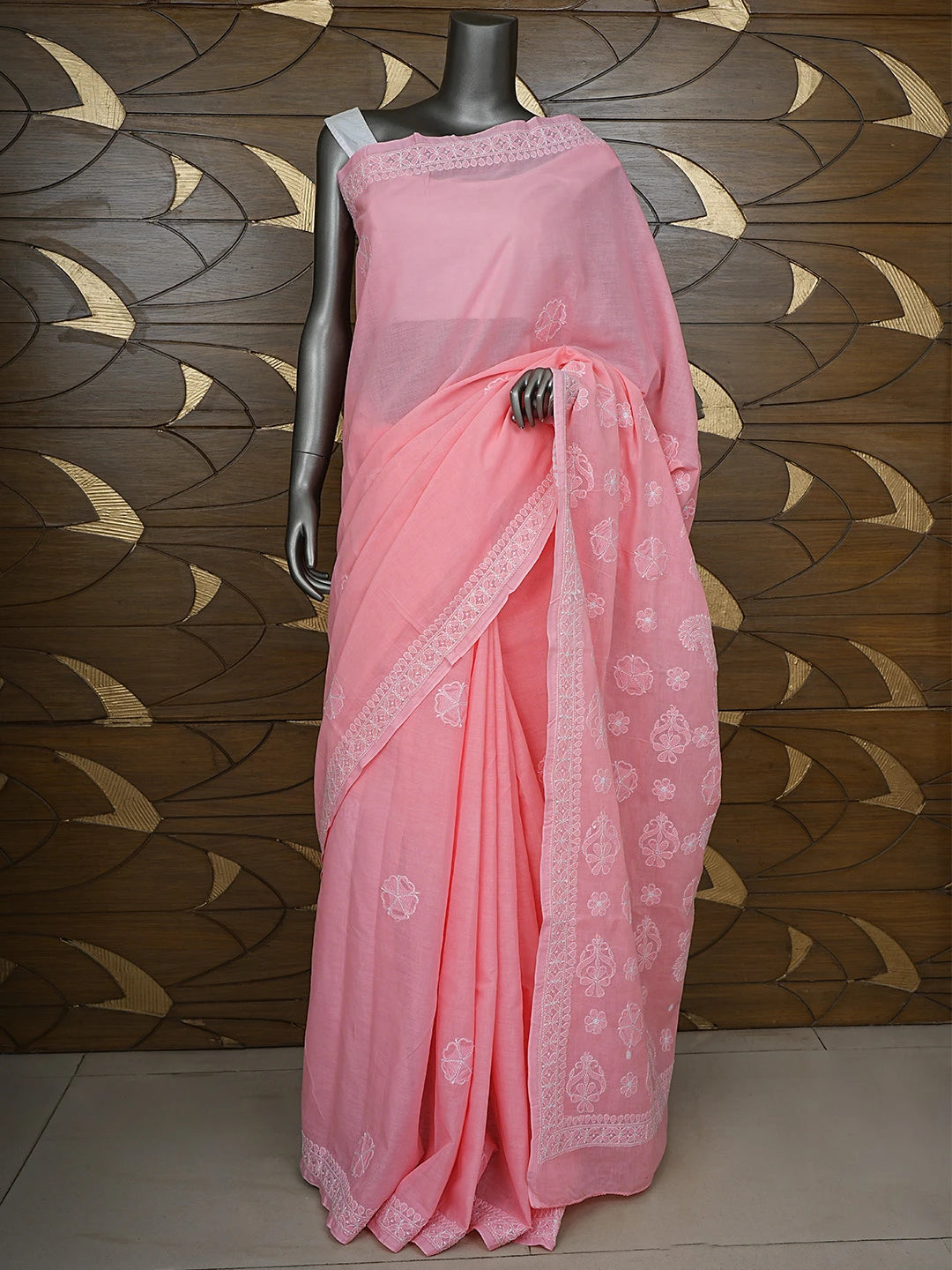 Ada Hand Embroidered Peach Cotton Lucknowi Chikankari Saree and Blouse 01A732912