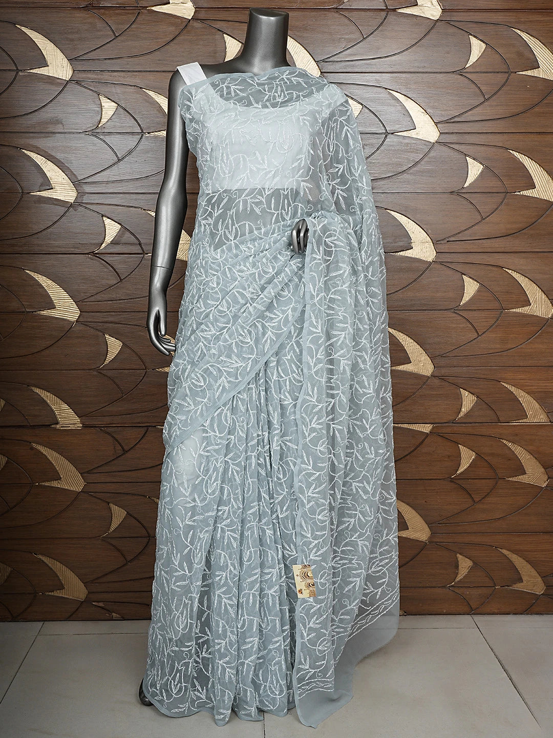 Ada Hand Embroidered Grey Georgette Lucknowi Chikan Saree with Blouse 01A880212