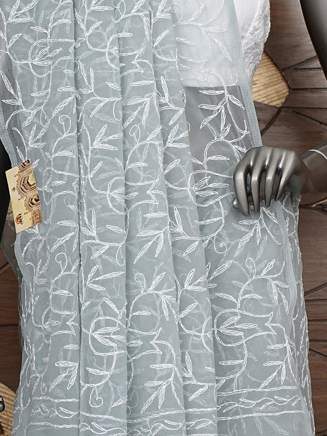 Ada Hand Embroidered Grey Georgette Lucknowi Chikan Saree with Blouse 01A880212