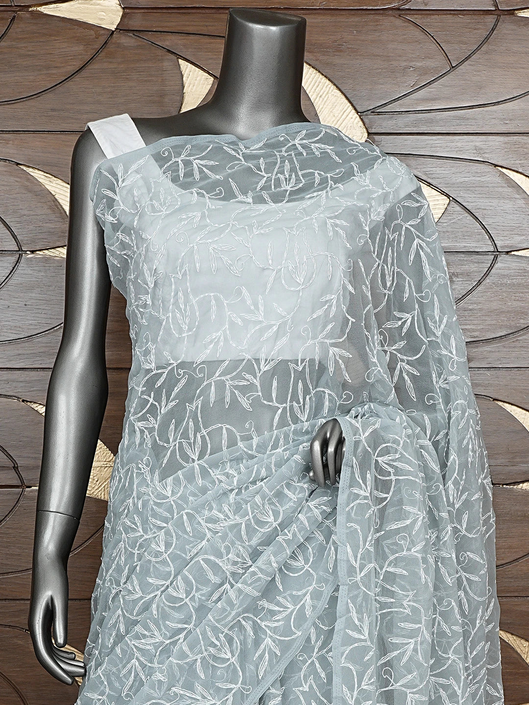 Ada Hand Embroidered Grey Georgette Lucknowi Chikan Saree with Blouse 01A880212