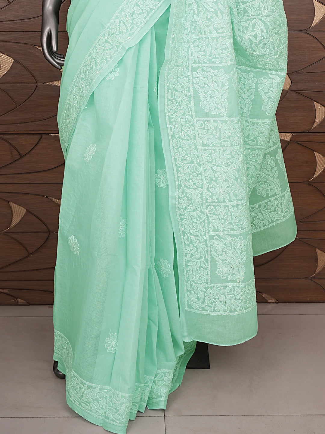 Ada Hand Embroidered Sea Green Cotton Lucknowi Chikankari Saree and Blouse 01A880737