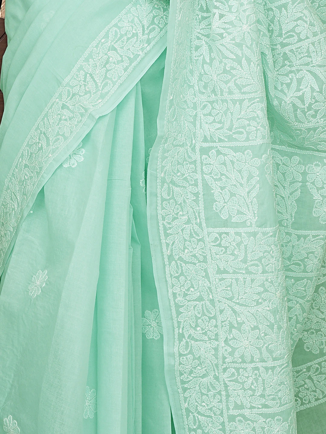 Ada Hand Embroidered Sea Green Cotton Lucknowi Chikankari Saree and Blouse 01A880737