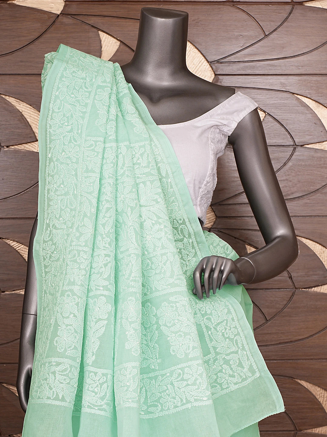 Ada Hand Embroidered Sea Green Cotton Lucknowi Chikankari Saree and Blouse 01A880737