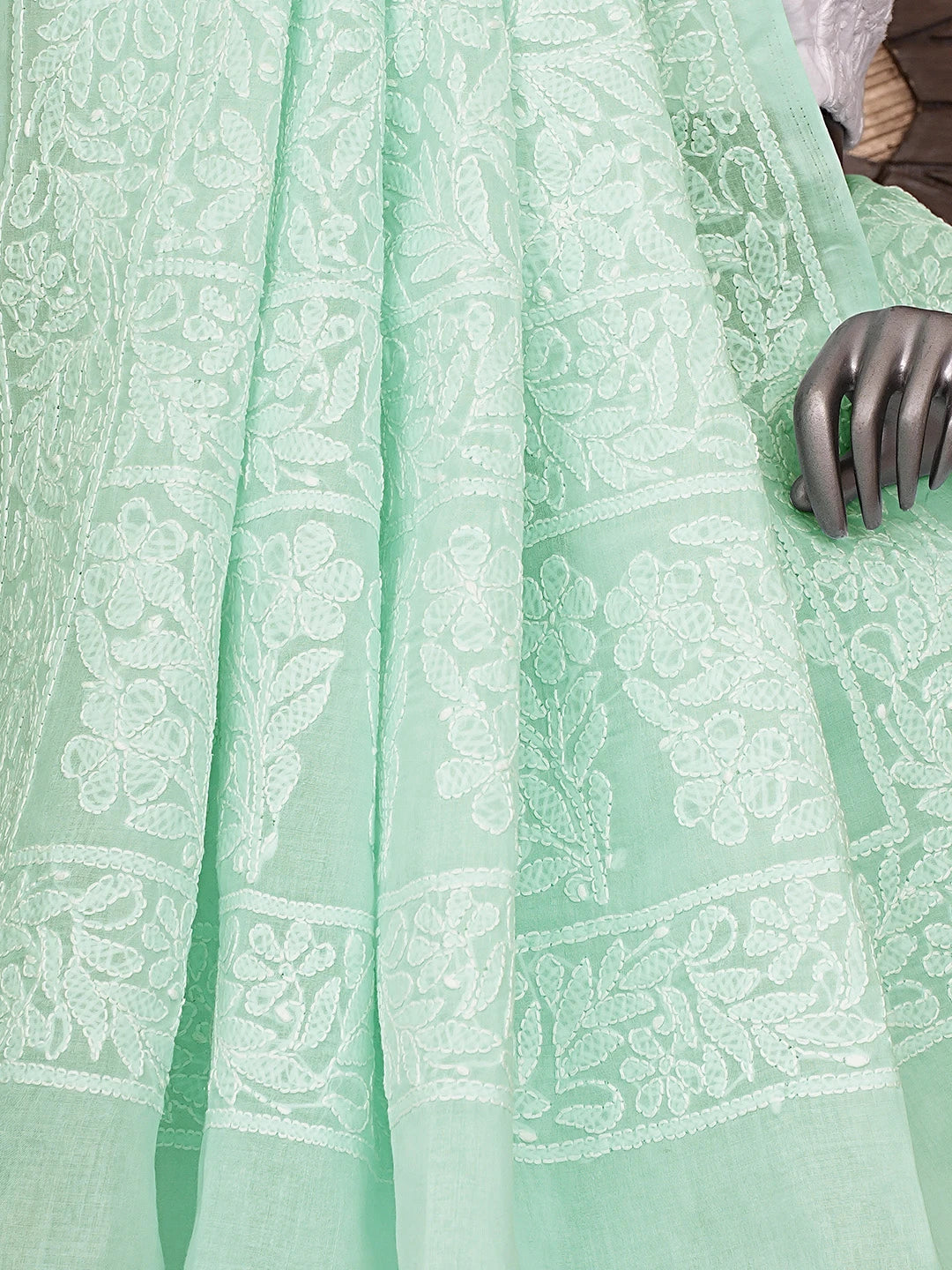Ada Hand Embroidered Sea Green Cotton Lucknowi Chikankari Saree and Blouse 01A880737