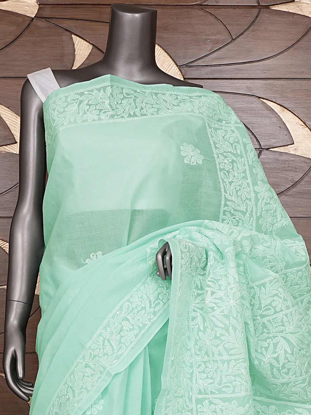 Ada Hand Embroidered Sea Green Cotton Lucknowi Chikankari Saree and Blouse 01A880737