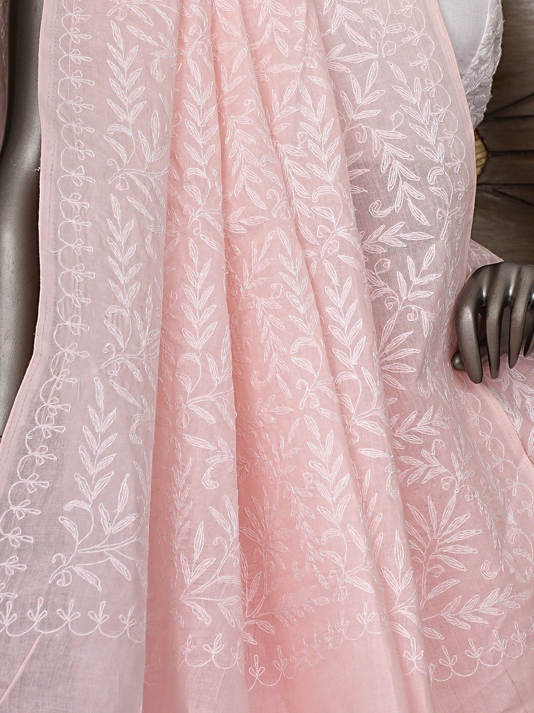 Ada Hand Embroidered Melon Peach Cotton Lucknowi Chikankari Saree and Blouse 01A891162