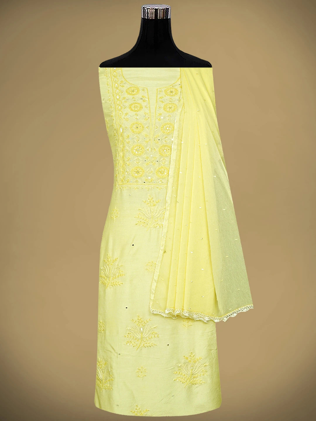 Ada Hand Embroidered Lemon Muslin Lucknowi Chikankari Unstitched Suit Piece with Chiffon Dupatta 01A880506