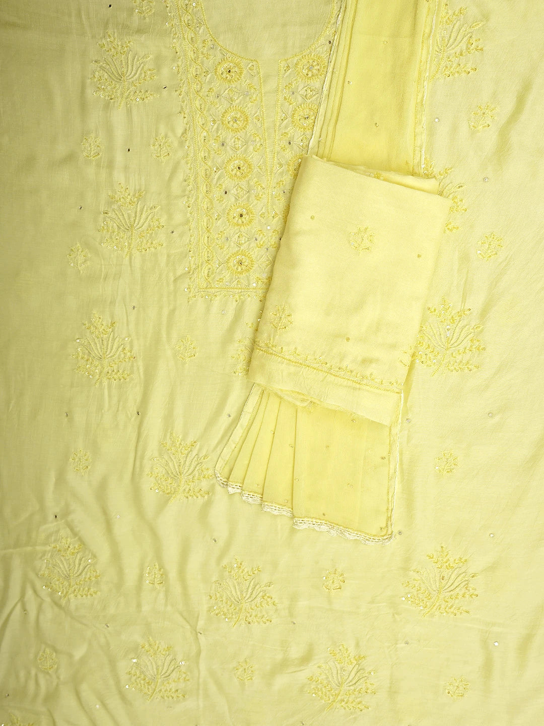 Ada Hand Embroidered Lemon Muslin Lucknowi Chikankari Unstitched Suit Piece with Chiffon Dupatta 01A880506