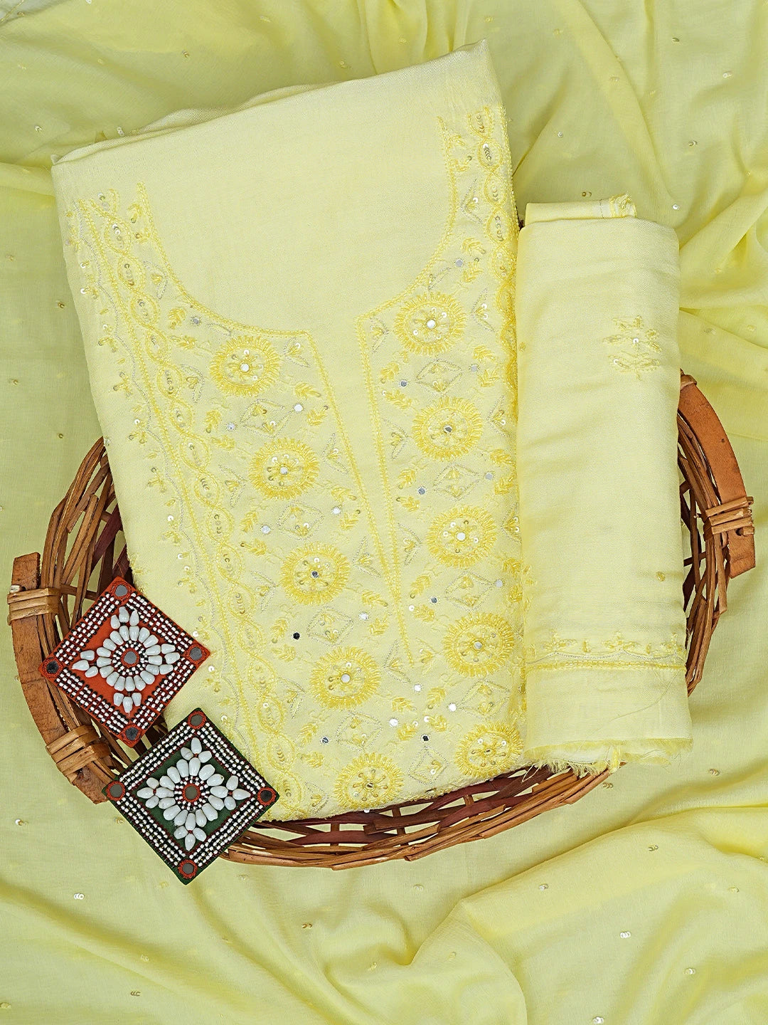Ada Hand Embroidered Lemon Muslin Lucknowi Chikankari Unstitched Suit Piece with Chiffon Dupatta 01A880506