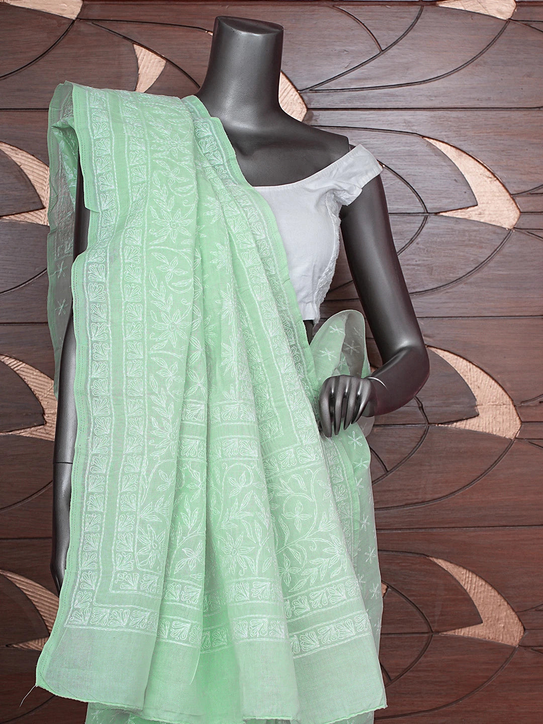 Ada Hand Embroidered Sea Green Cotton Lucknowi Chikankari Saree and Blouse 01A873388