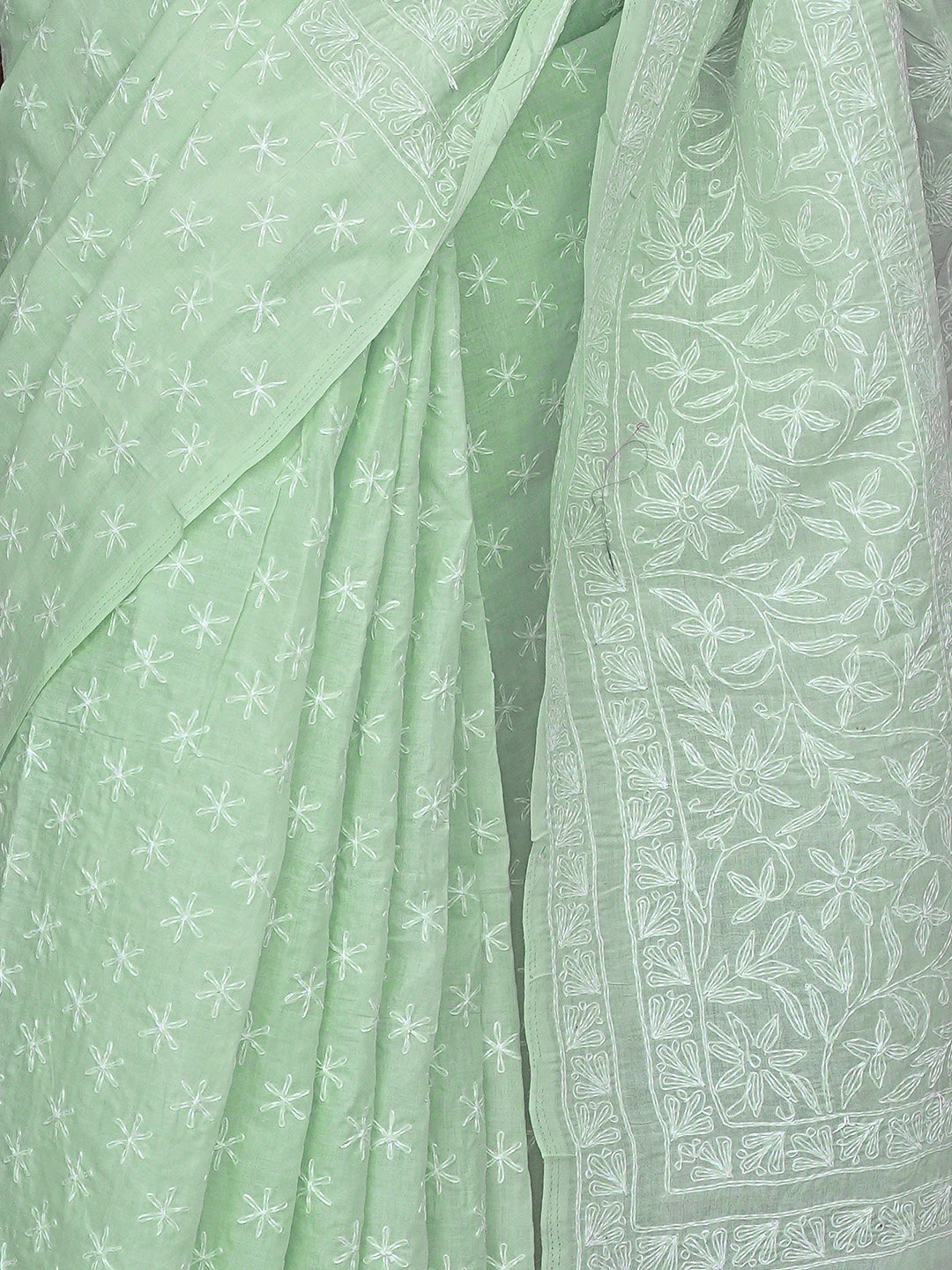 Ada Hand Embroidered Sea Green Cotton Lucknowi Chikankari Saree and Blouse 01A873388