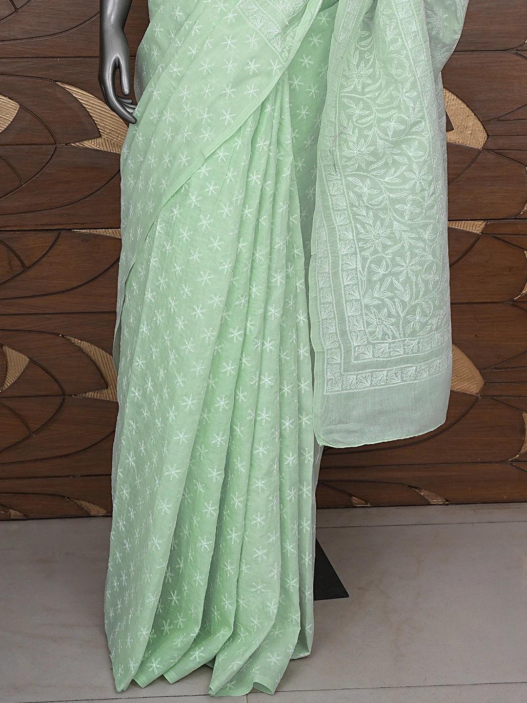 Ada Hand Embroidered Sea Green Cotton Lucknowi Chikankari Saree and Blouse 01A873388