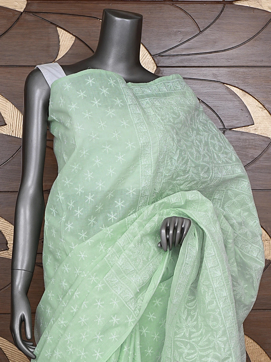 Ada Hand Embroidered Sea Green Cotton Lucknowi Chikankari Saree and Blouse 01A873388