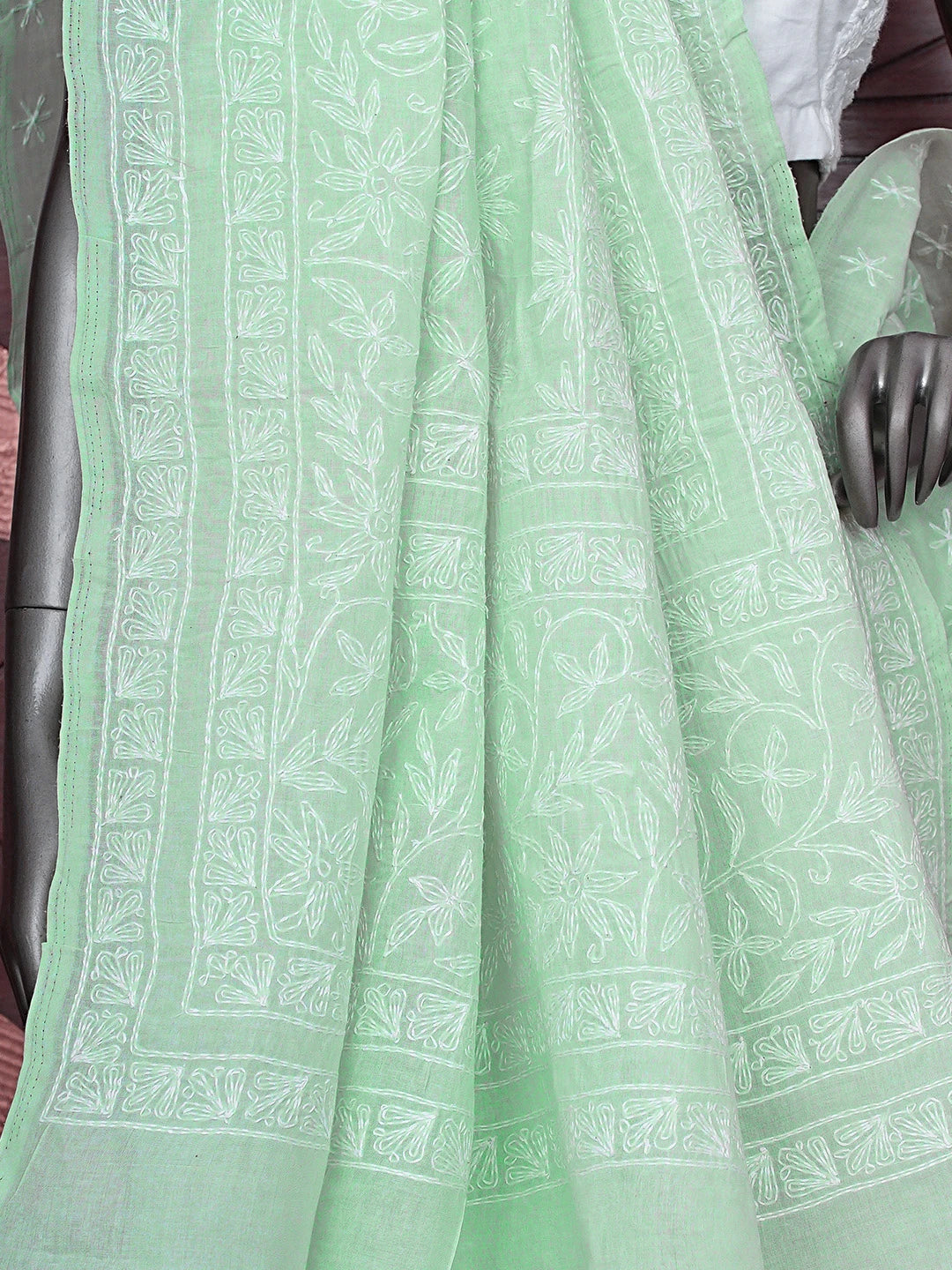 Ada Hand Embroidered Sea Green Cotton Lucknowi Chikankari Saree and Blouse 01A873388