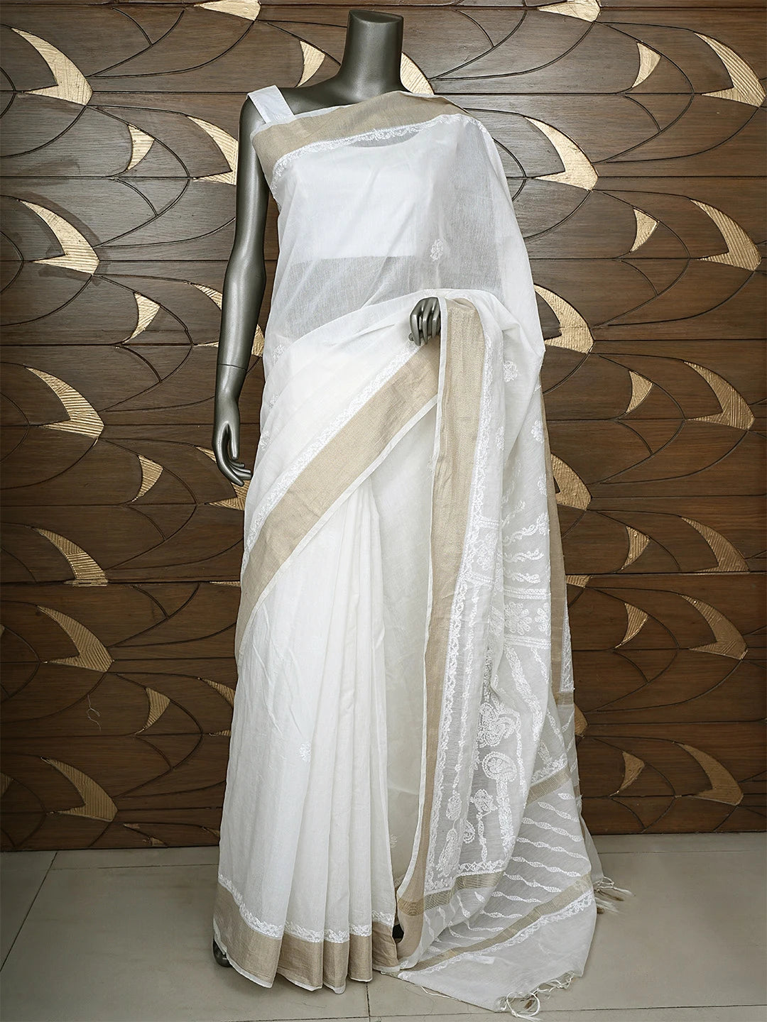 Ada Hand Embroidered Cream Chanderi Lucknowi Chikankari Saree With Blouse 01A903538