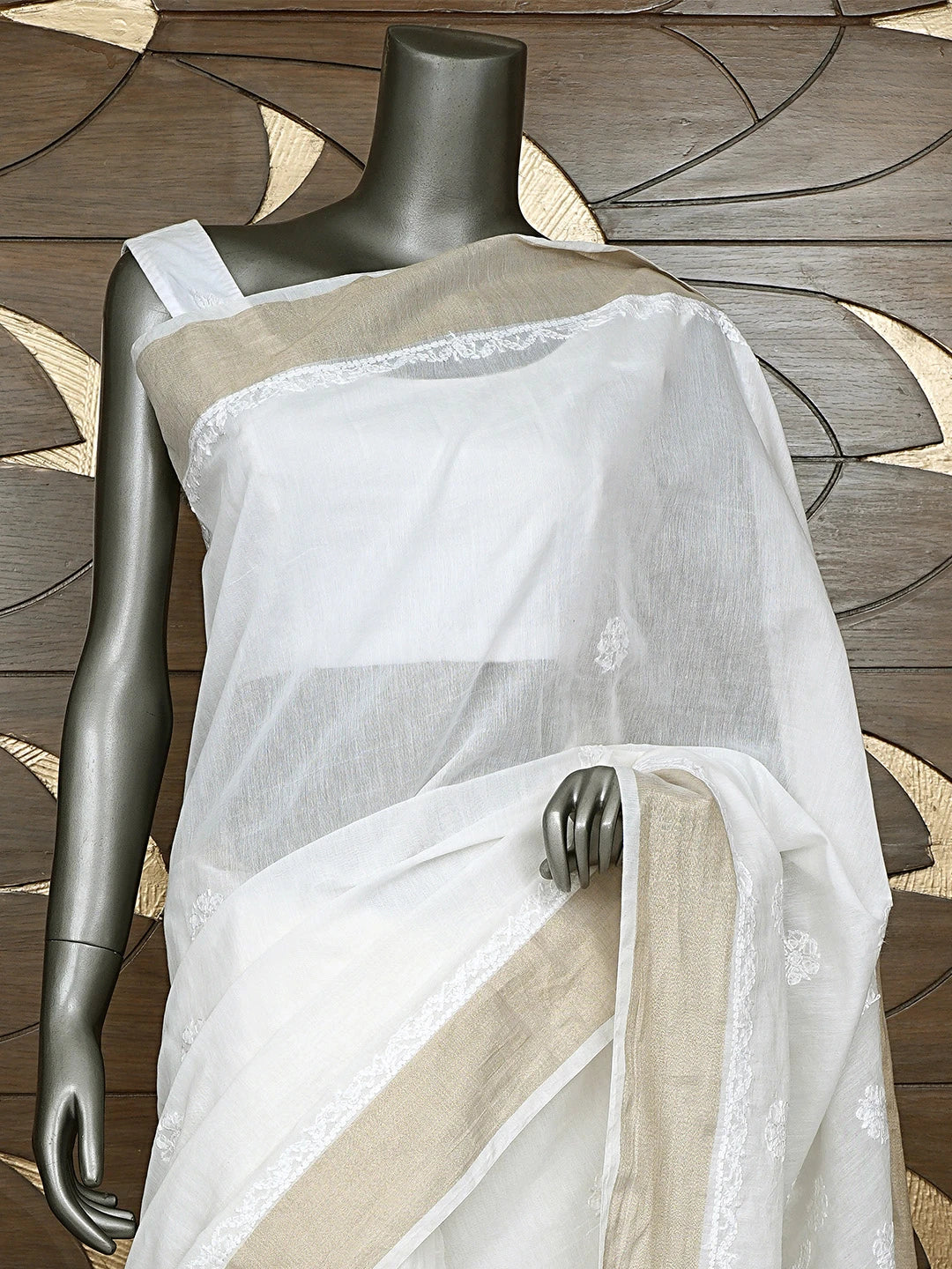 Ada Hand Embroidered Cream Chanderi Lucknowi Chikankari Saree With Blouse 01A903538