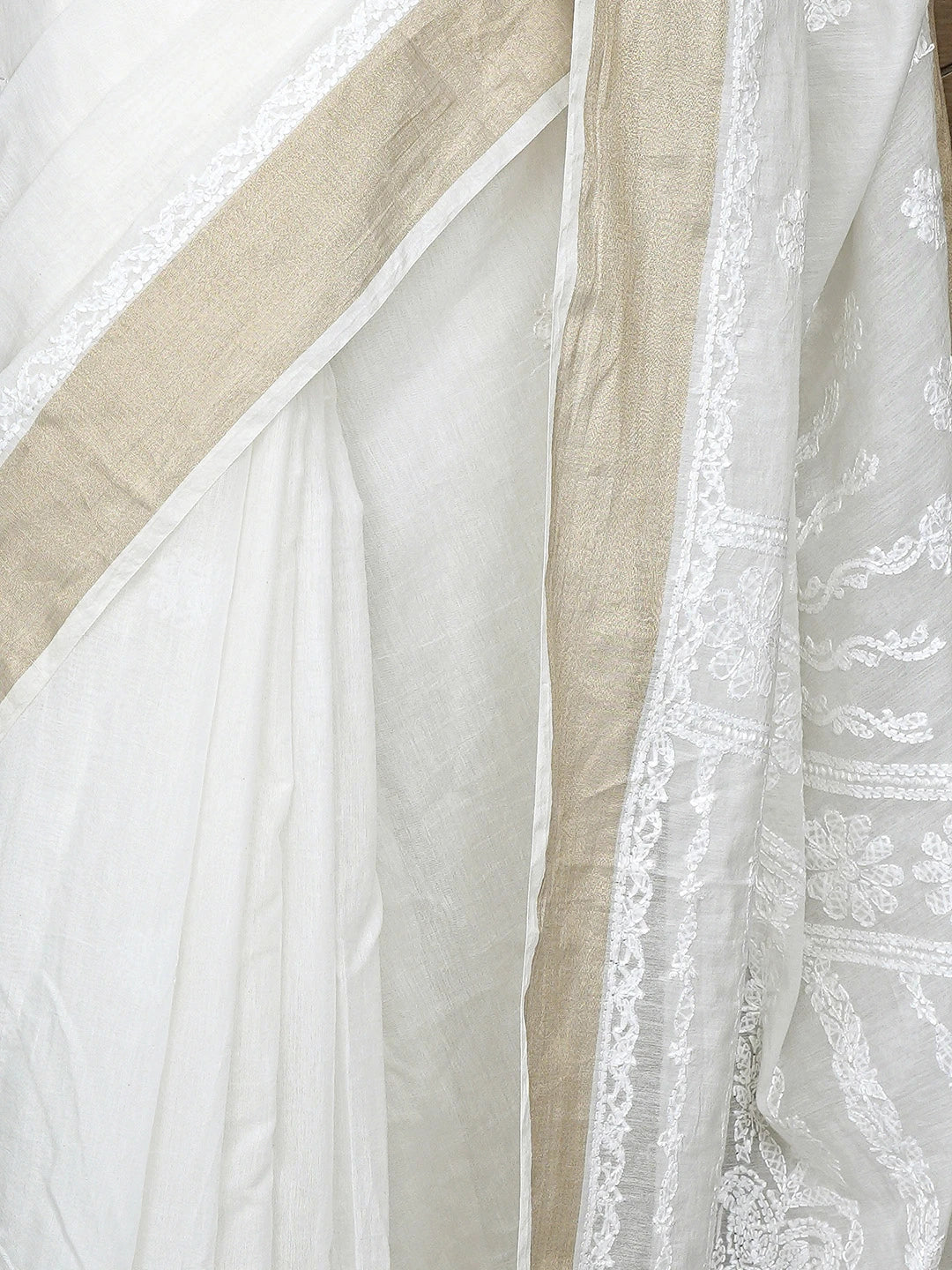 Ada Hand Embroidered Cream Chanderi Lucknowi Chikankari Saree With Blouse 01A903538