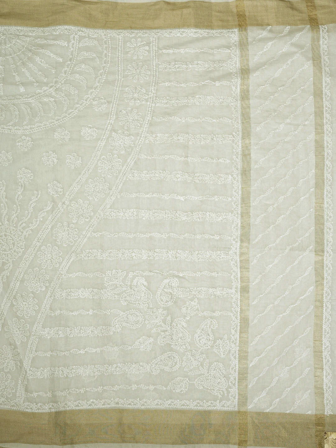 Ada Hand Embroidered Cream Chanderi Lucknowi Chikankari Saree With Blouse 01A903538
