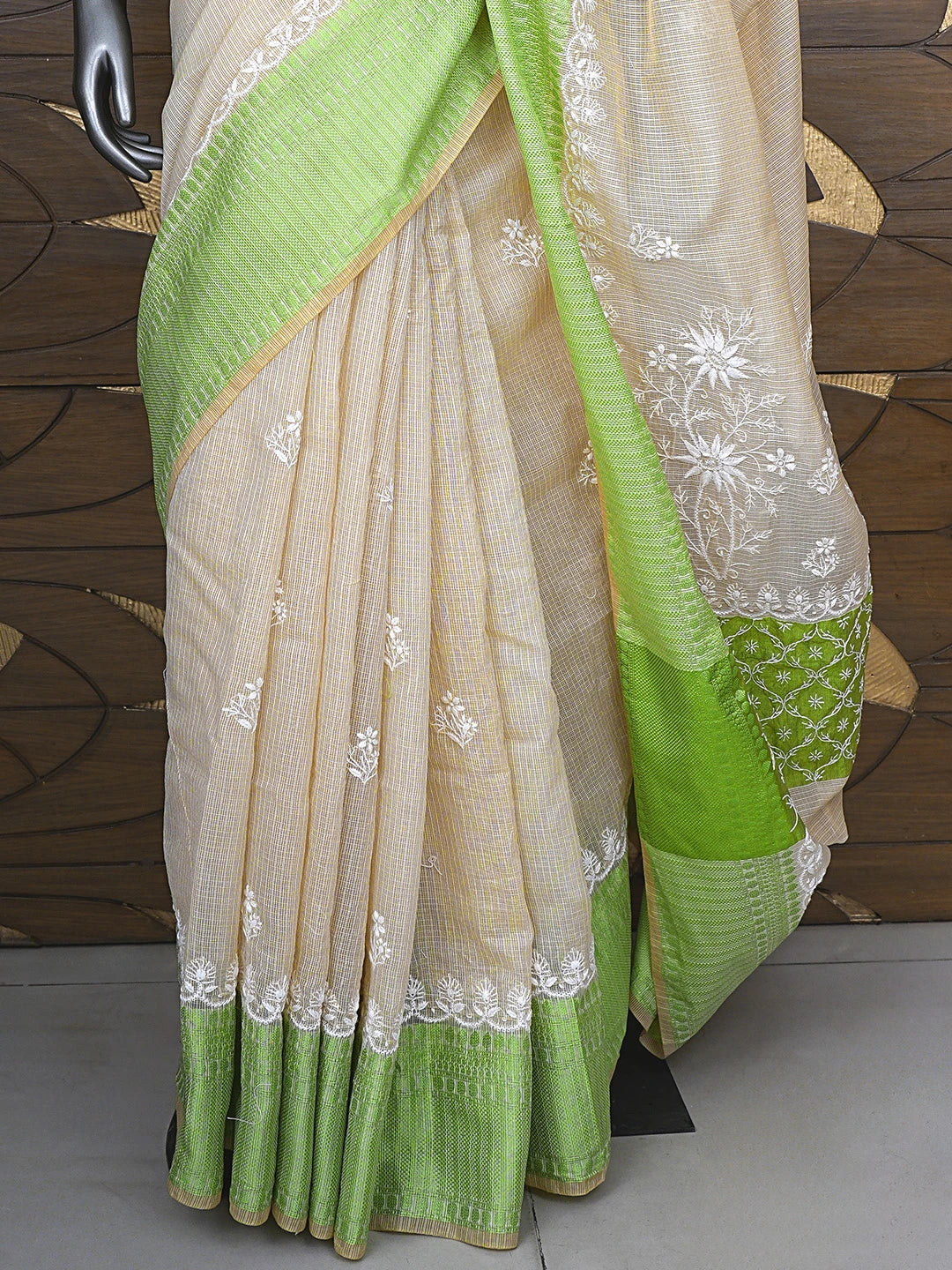 Ada Hand Embroidered Fawn Kota Chanderi Lucknowi Chikankari Saree and Blouse 01A905043