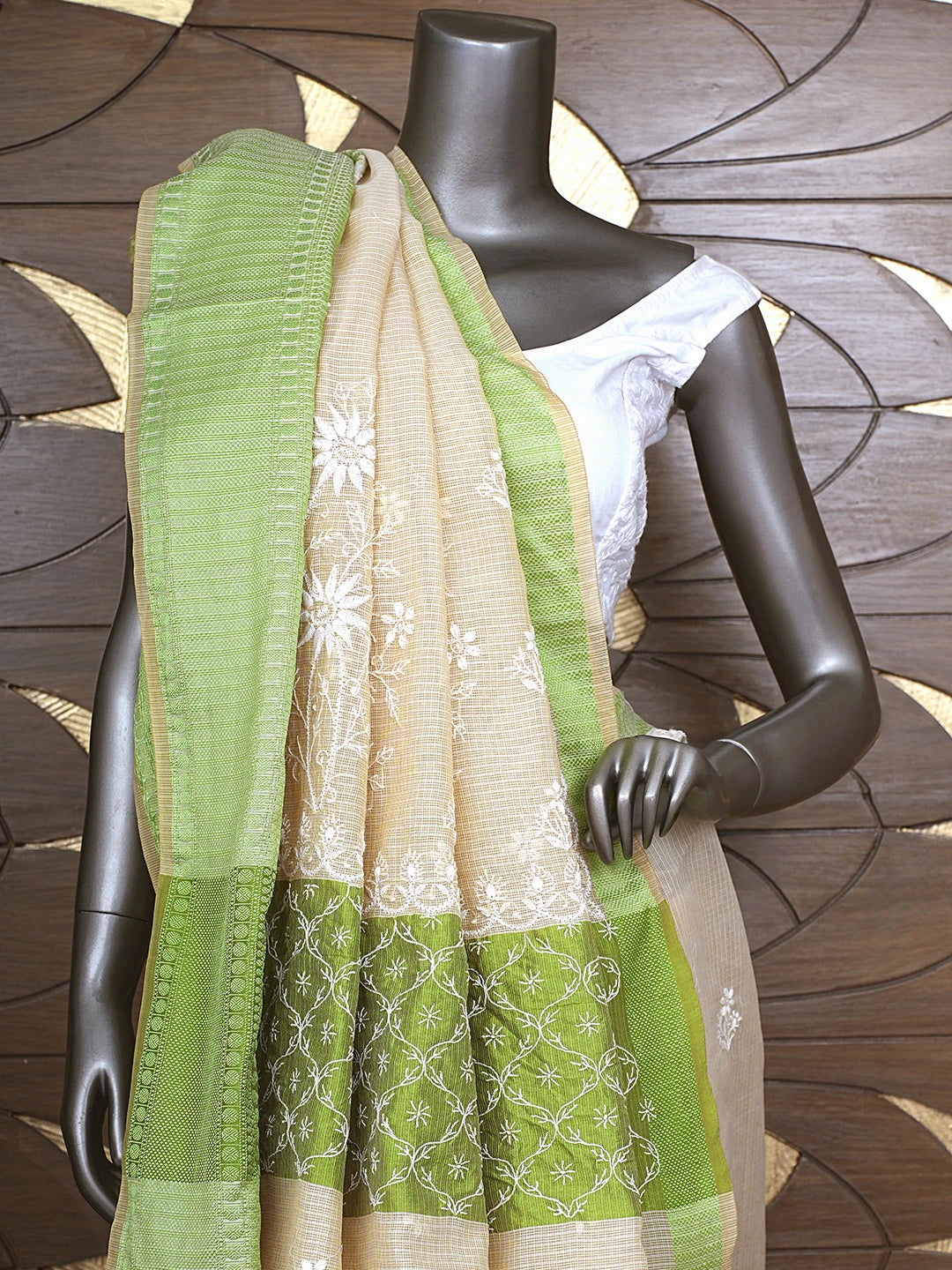 Ada Hand Embroidered Fawn Kota Chanderi Lucknowi Chikankari Saree and Blouse 01A905043