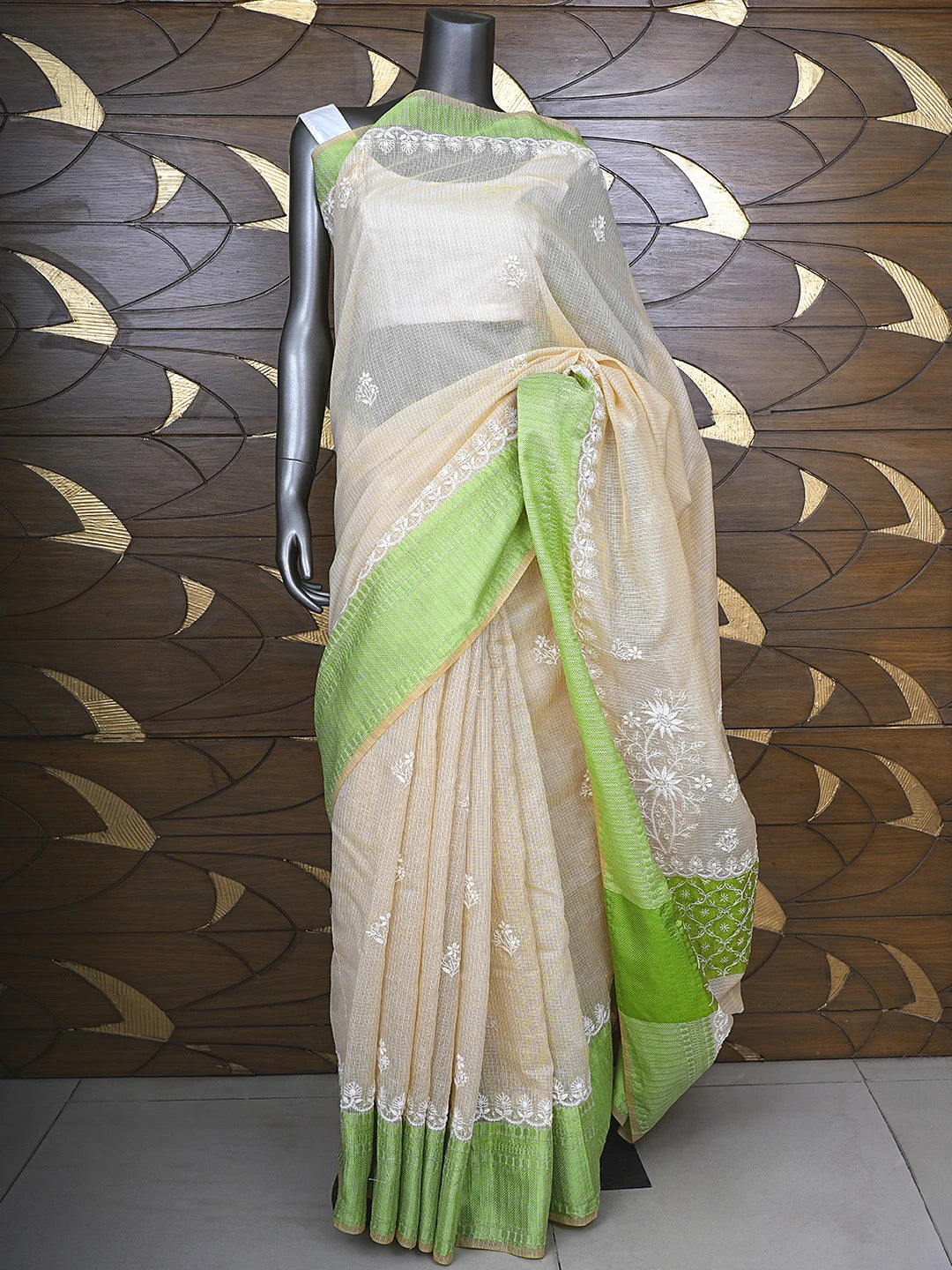 Ada Hand Embroidered Fawn Kota Chanderi Lucknowi Chikankari Saree and Blouse 01A905043