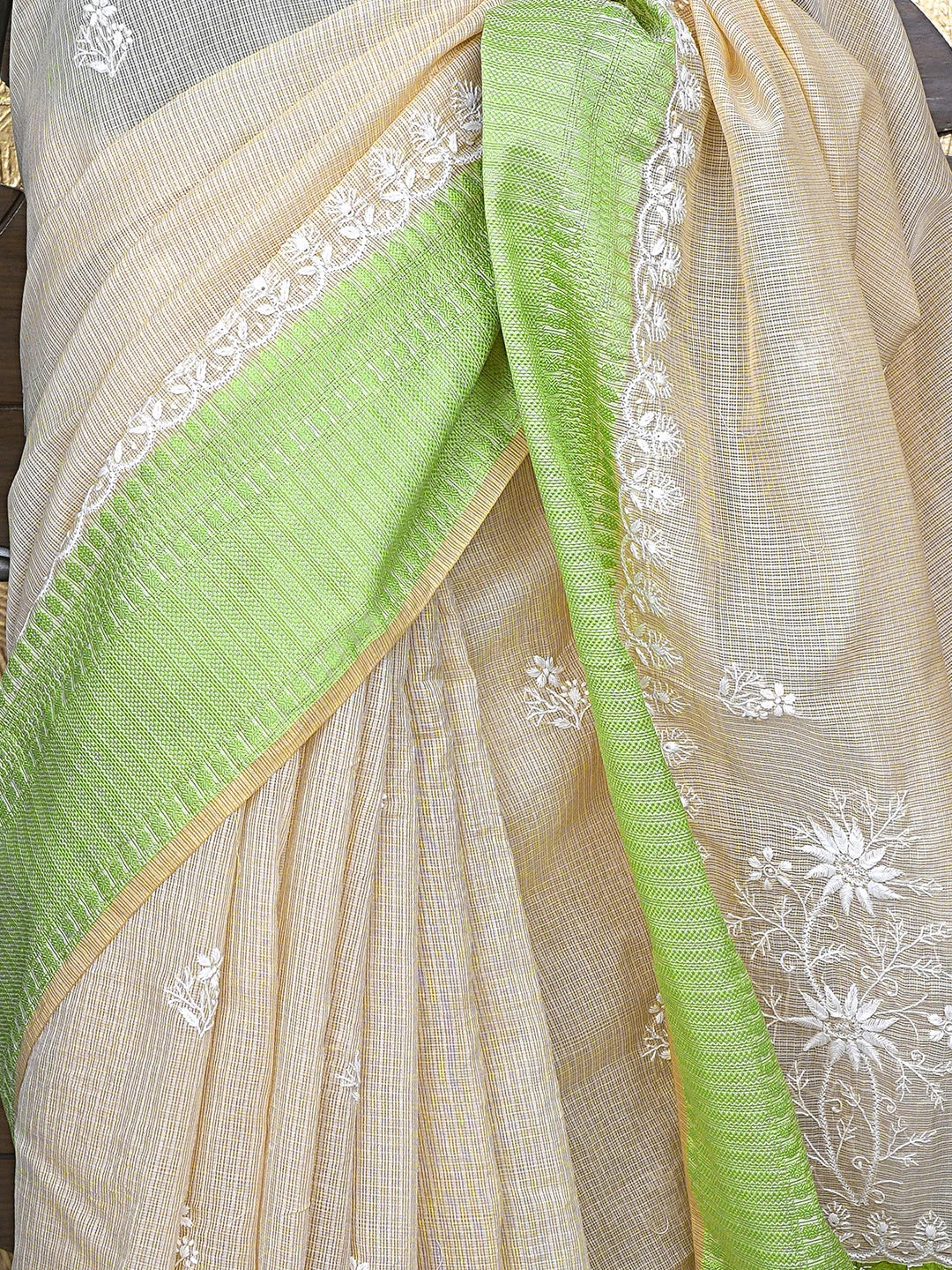 Ada Hand Embroidered Fawn Kota Chanderi Lucknowi Chikankari Saree and Blouse 01A905043