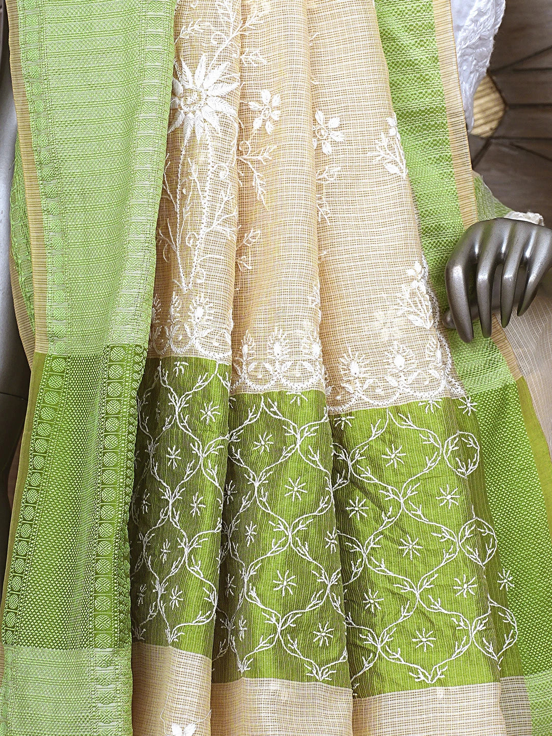 Ada Hand Embroidered Fawn Kota Chanderi Lucknowi Chikankari Saree and Blouse 01A905043