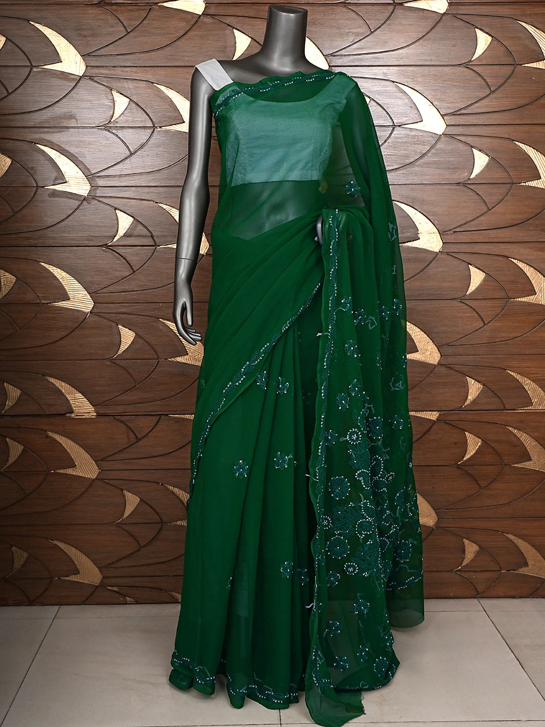 Ada Hand Embroidered Bottle Green Georgette Lucknowi Chikankari Saree and Blouse 01A905475