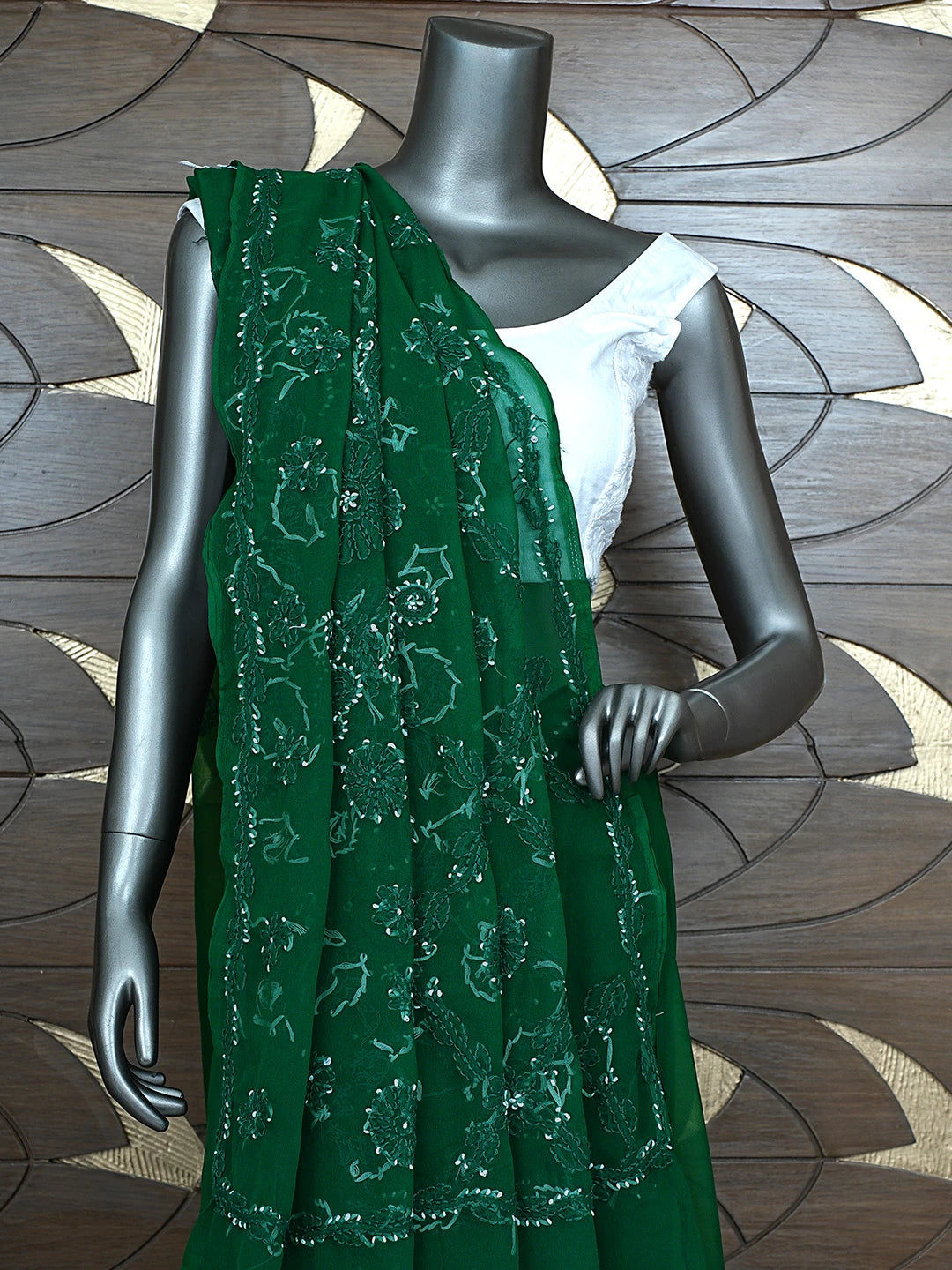 Ada Hand Embroidered Bottle Green Georgette Lucknowi Chikankari Saree and Blouse 01A905475