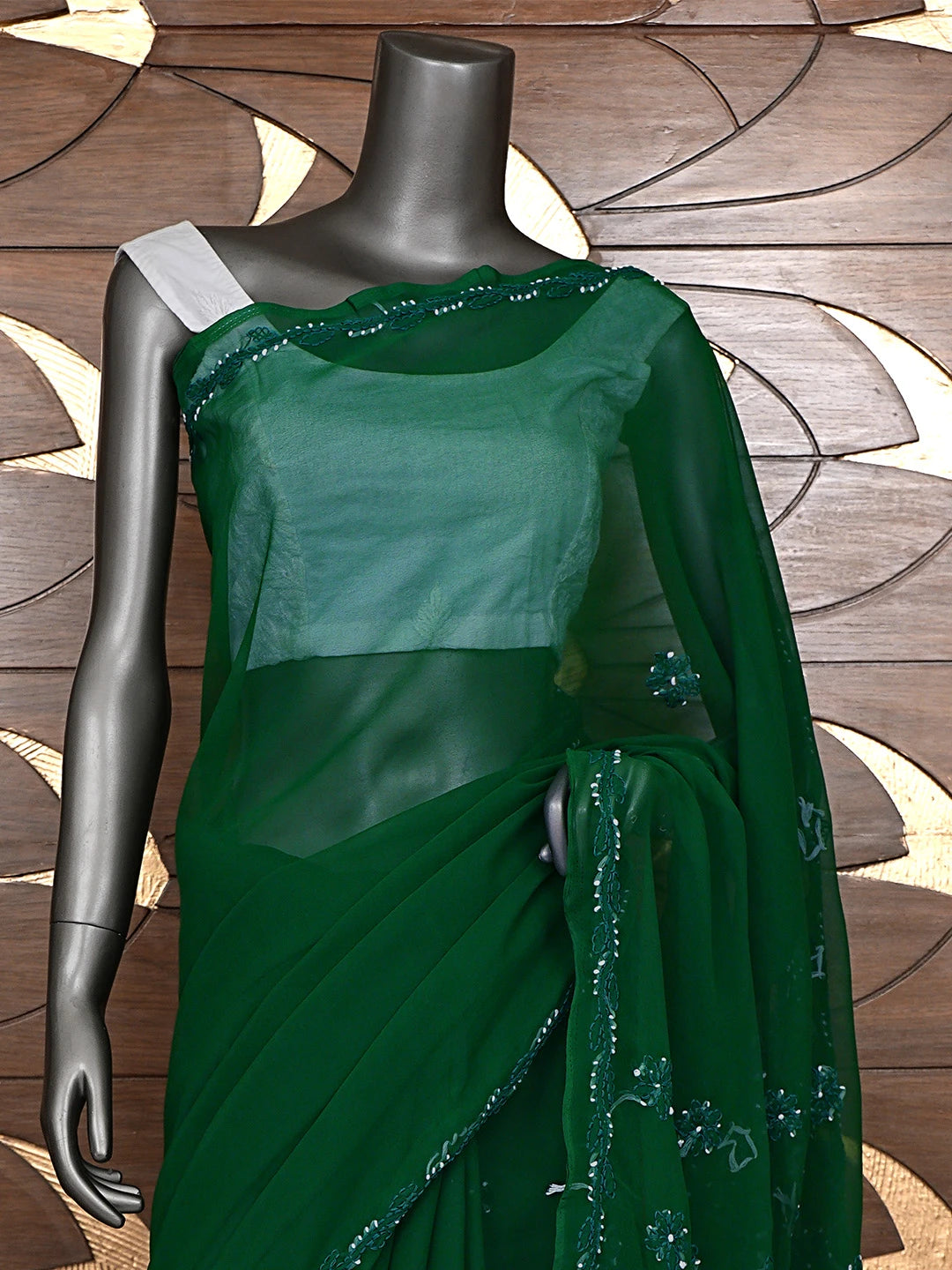 Ada Hand Embroidered Bottle Green Georgette Lucknowi Chikankari Saree and Blouse 01A905475
