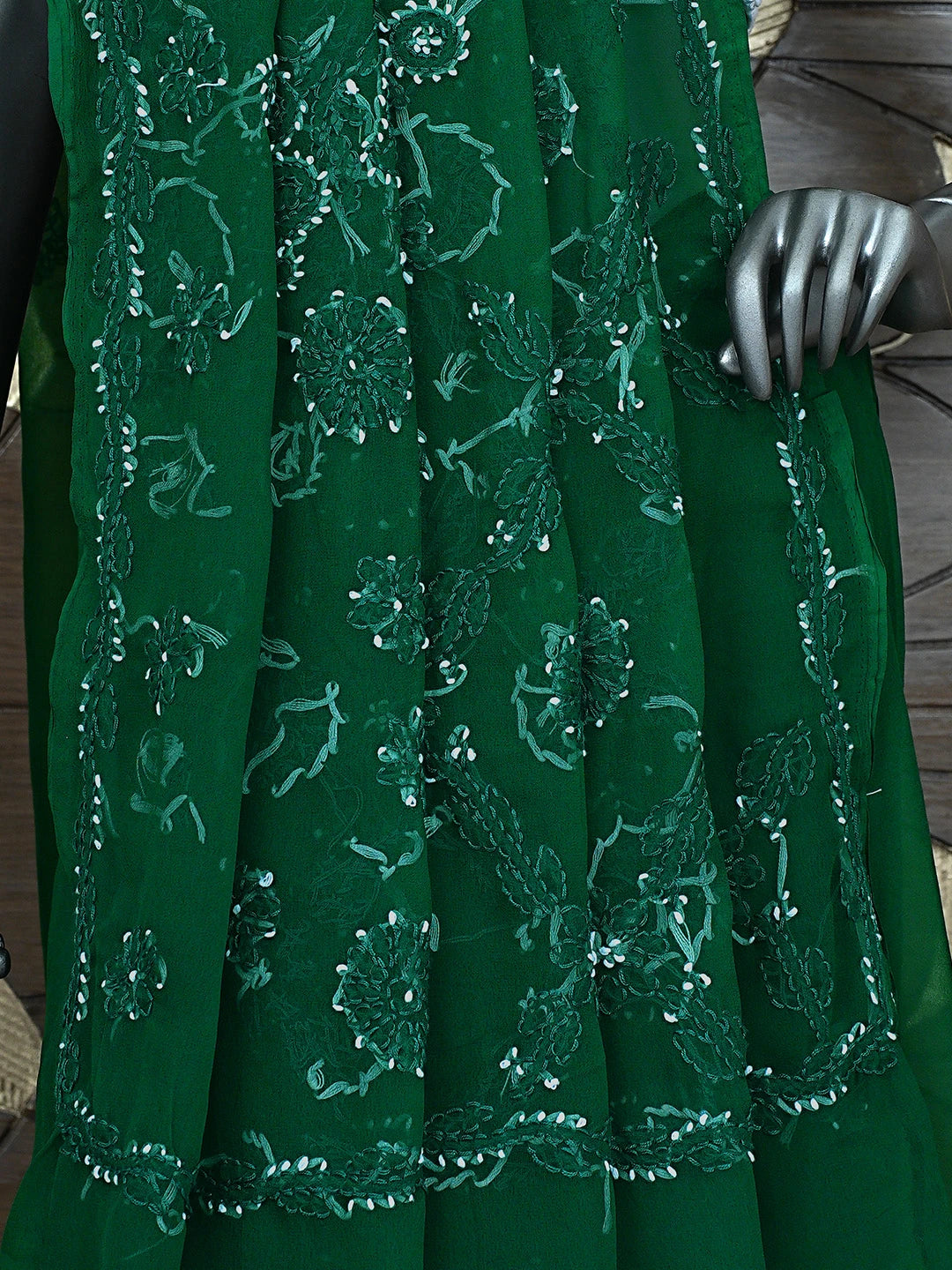 Ada Hand Embroidered Bottle Green Georgette Lucknowi Chikankari Saree and Blouse 01A905475