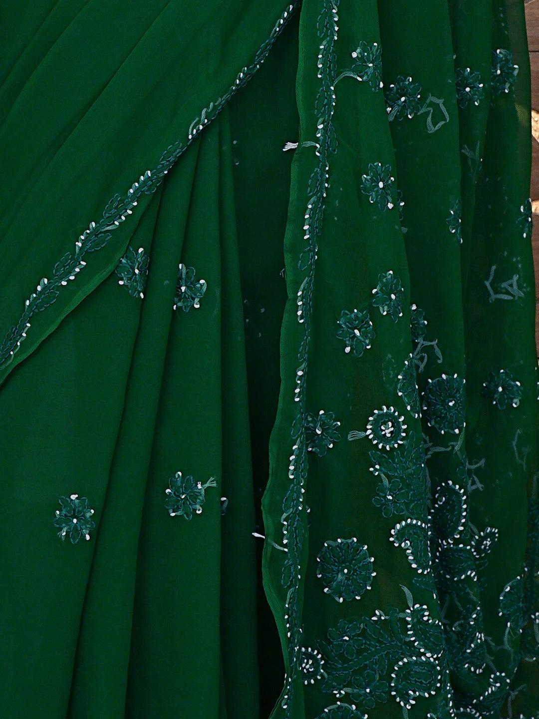 Ada Hand Embroidered Bottle Green Georgette Lucknowi Chikankari Saree and Blouse 01A905475