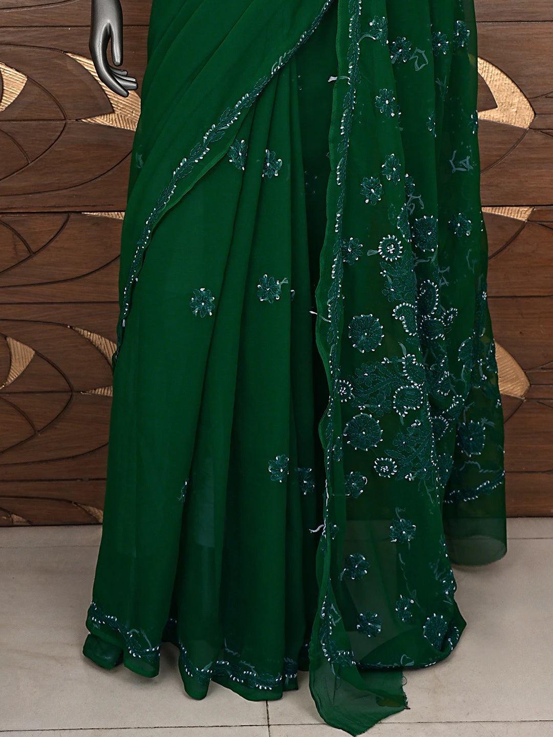 Ada Hand Embroidered Bottle Green Georgette Lucknowi Chikankari Saree and Blouse 01A905475