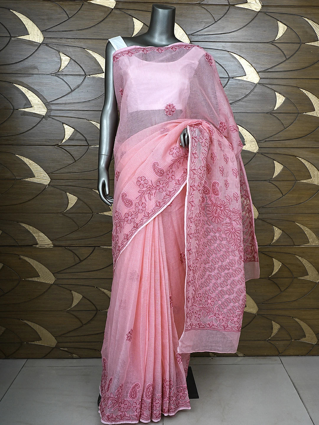 Ada Hand Embroidered Onion Pink Kota Lucknowi Chikankari Saree and Blouse 01A884615