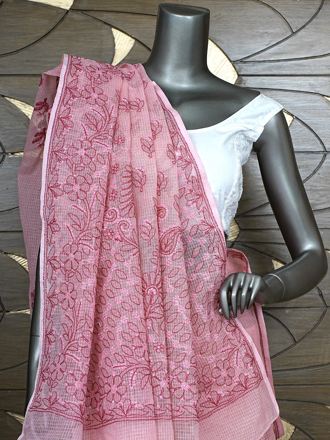 Ada Hand Embroidered Onion Pink Kota Lucknowi Chikankari Saree and Blouse 01A884615