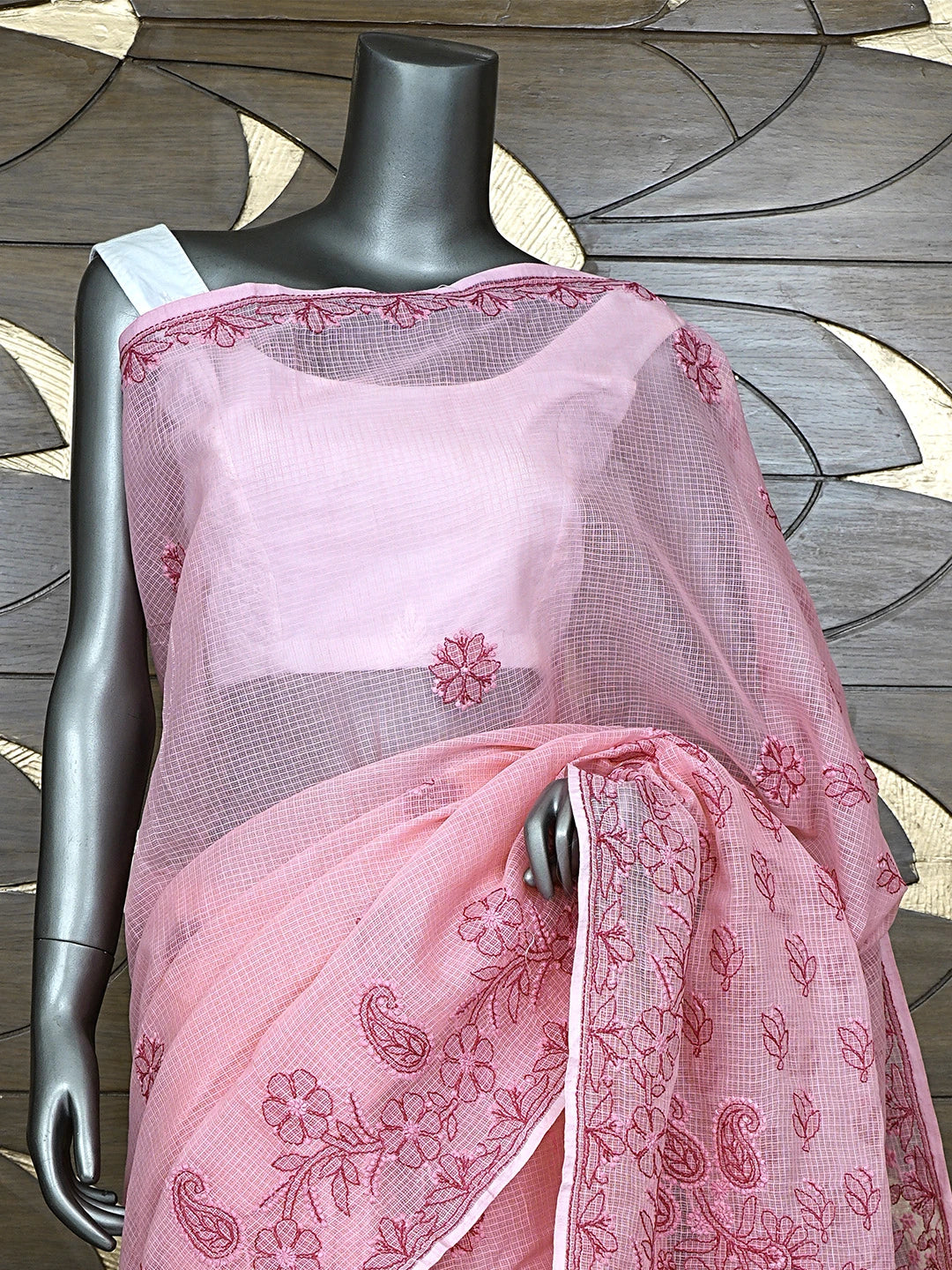 Ada Hand Embroidered Onion Pink Kota Lucknowi Chikankari Saree and Blouse 01A884615